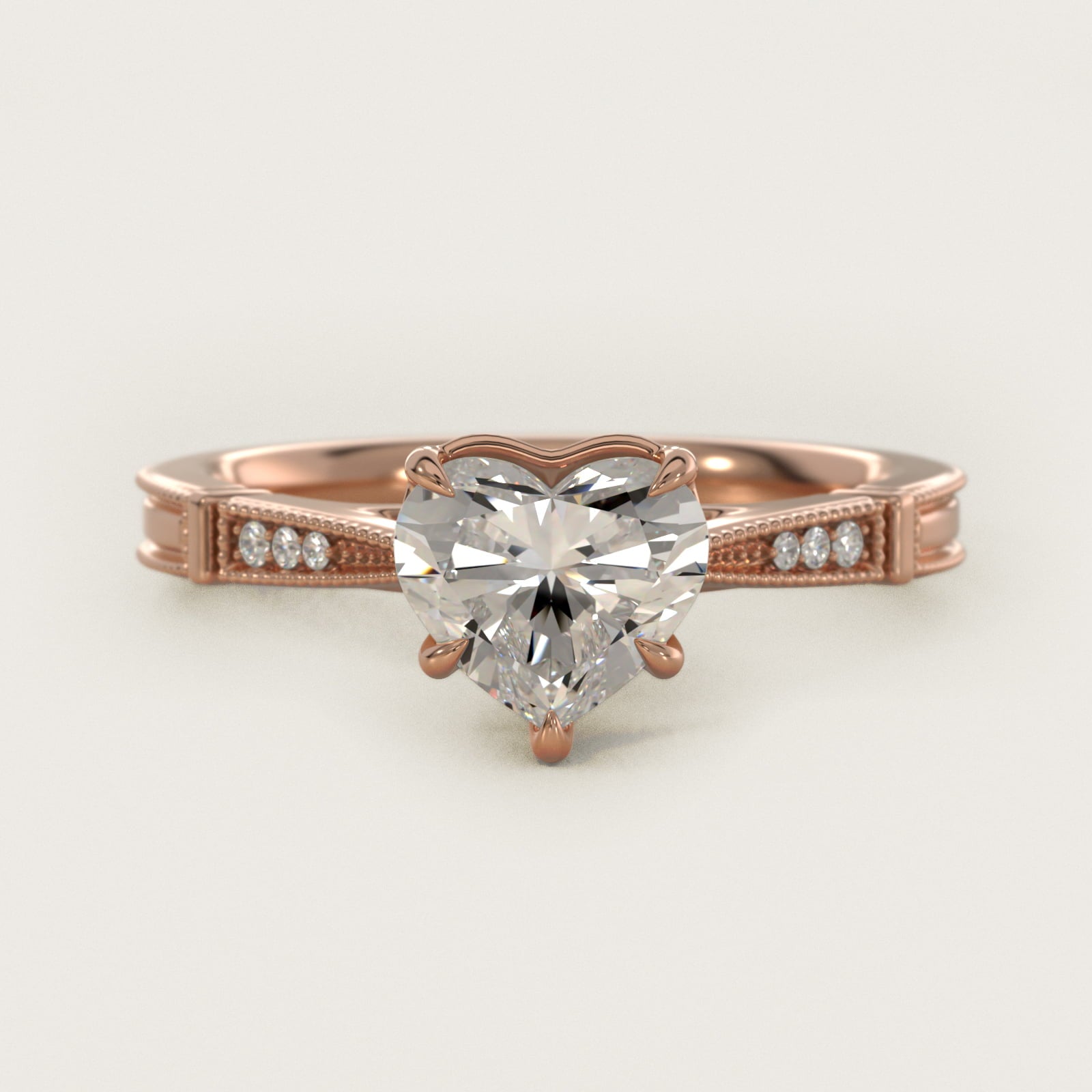 Six-Prong Vintage Milgrain and Diamond Engagement Ring in 18k Rose Gold - Heart Center