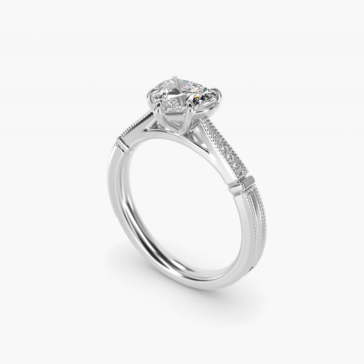 Six-Prong Vintage Milgrain and Diamond Engagement Ring in 14k White Gold - Heart Center