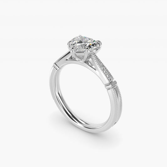 Six-Prong Vintage Milgrain and Diamond Engagement Ring in 14k White Gold - Heart Center