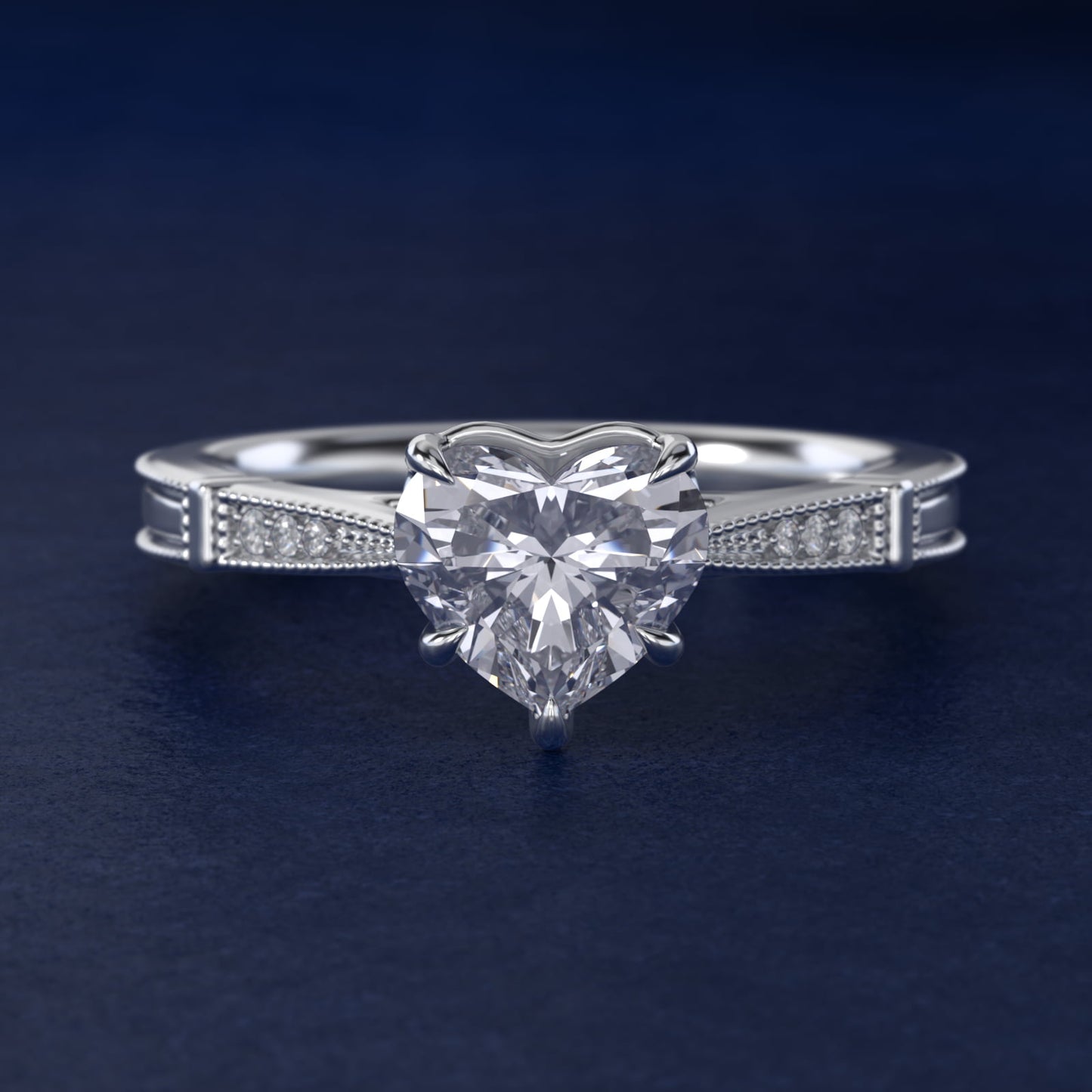 Six-Prong Vintage Milgrain and Diamond Engagement Ring in 14k White Gold - Heart Center