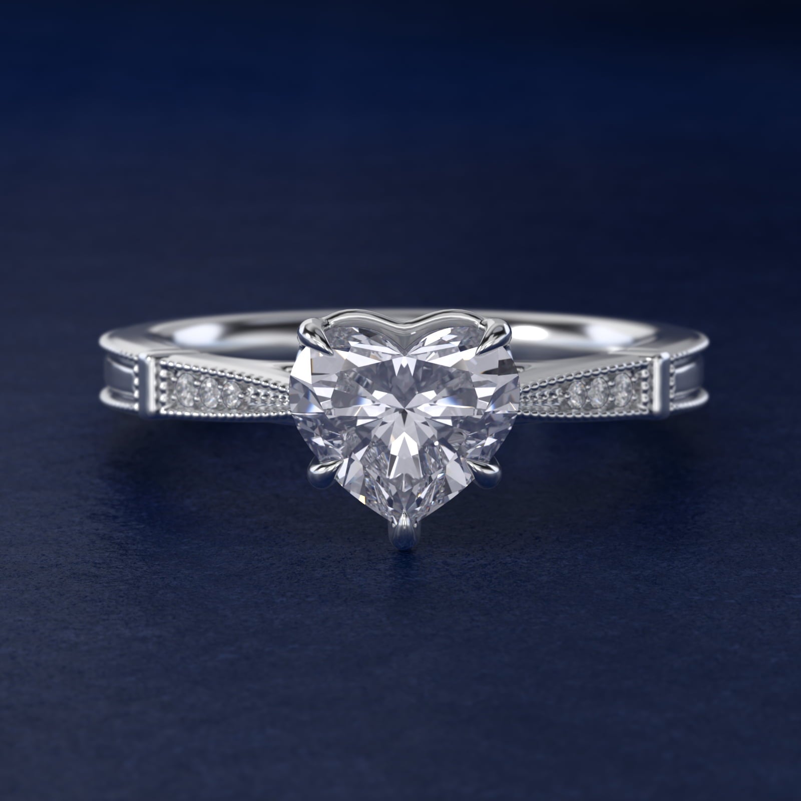 Six-Prong Vintage Milgrain and Diamond Engagement Ring in 14k White Gold - Heart Center