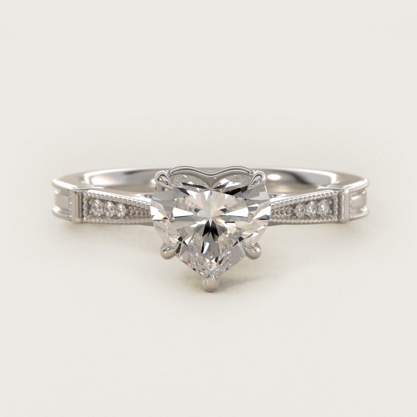 Six-Prong Vintage Milgrain and Diamond Engagement Ring in 14k White Gold - Heart Center