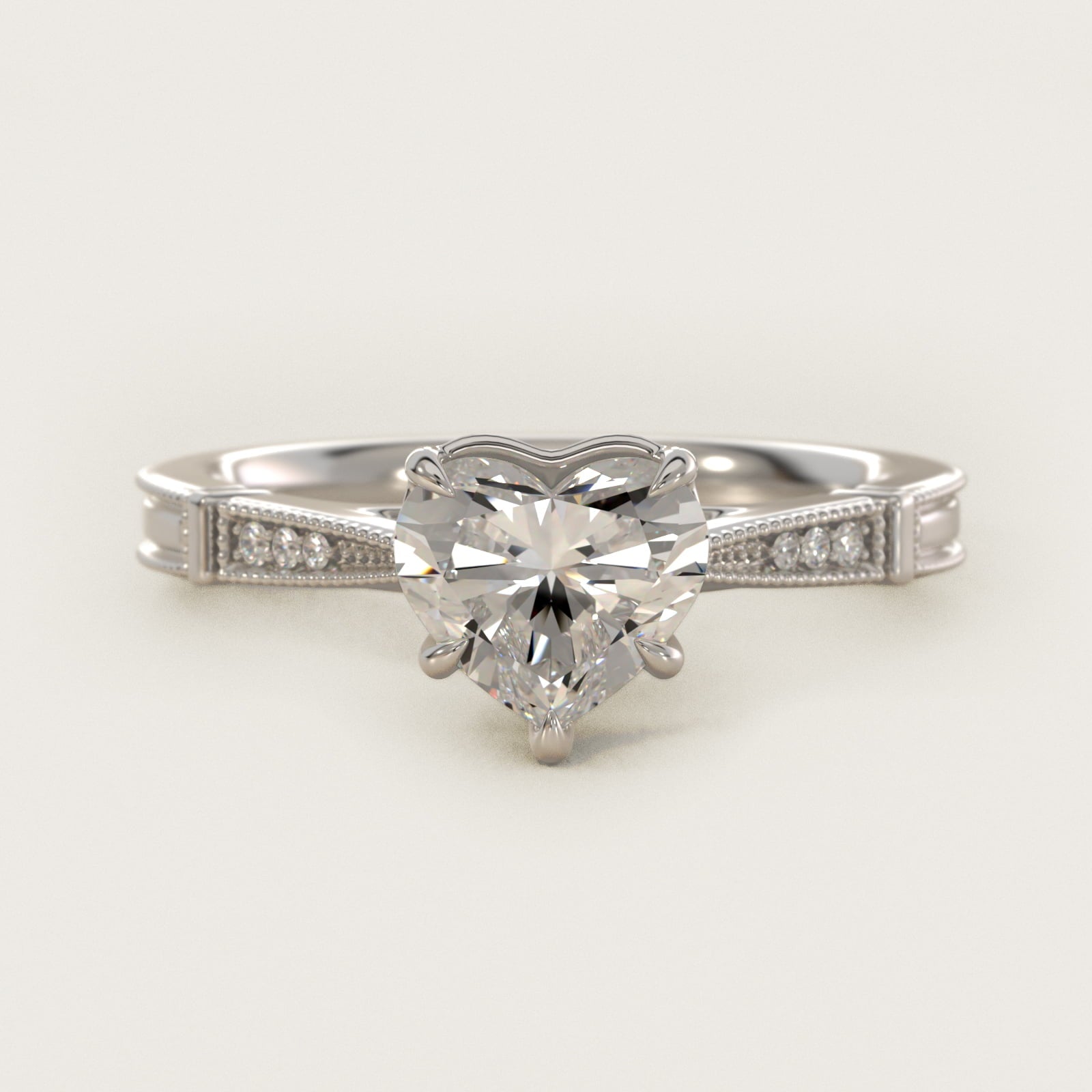 Six-Prong Vintage Milgrain and Diamond Engagement Ring in 14k White Gold - Heart Center