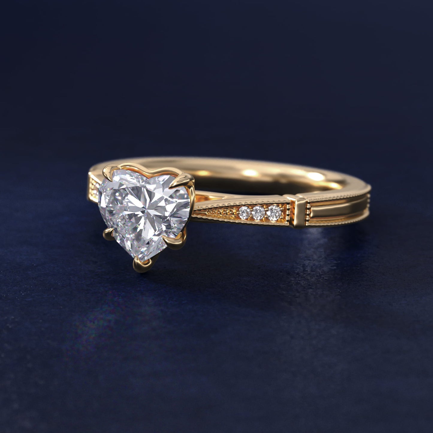 Six-Prong Vintage Milgrain and Diamond Engagement Ring in 14k Yellow Gold - Heart Center