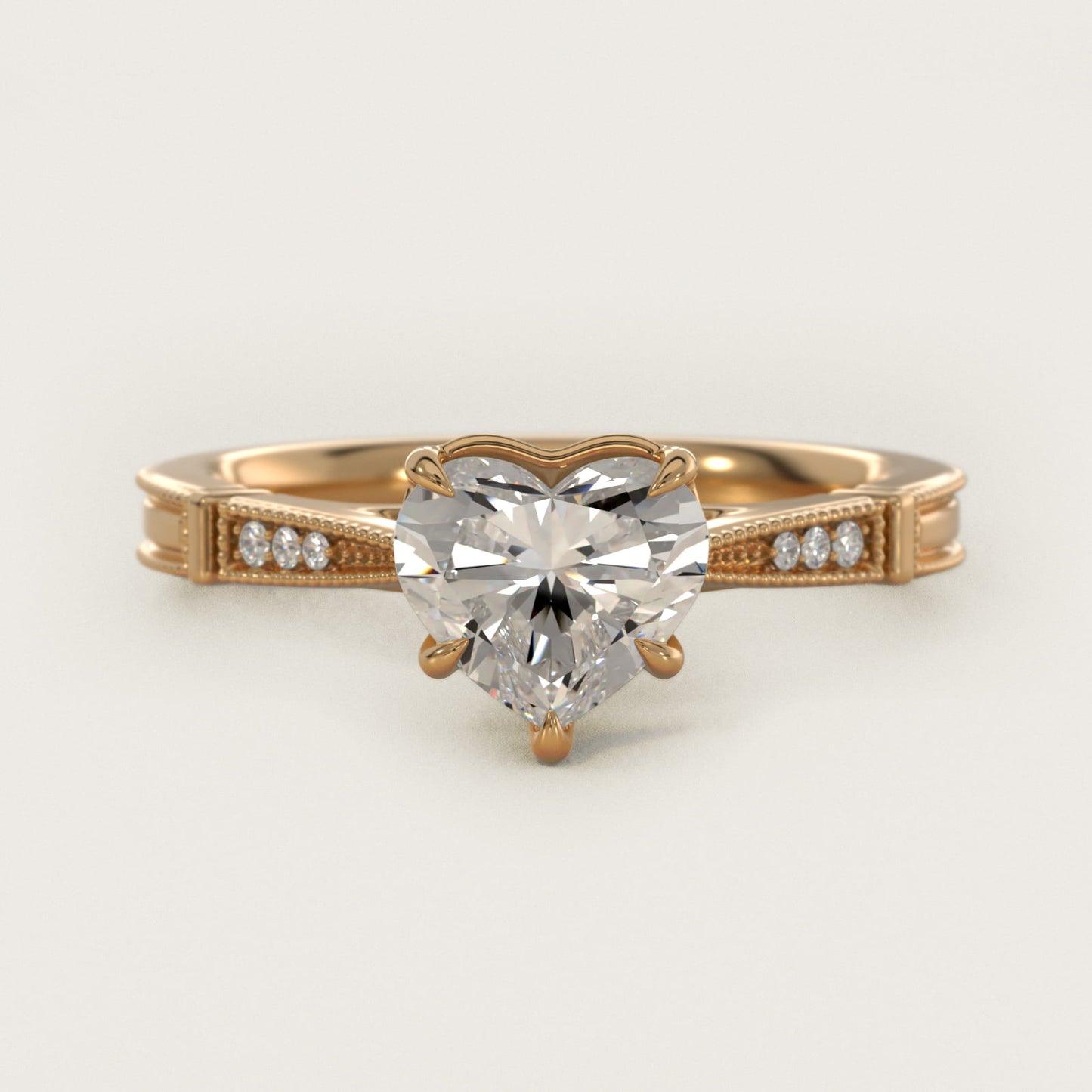 Six-Prong Vintage Milgrain and Diamond Engagement Ring in 14k Yellow Gold - Heart Center