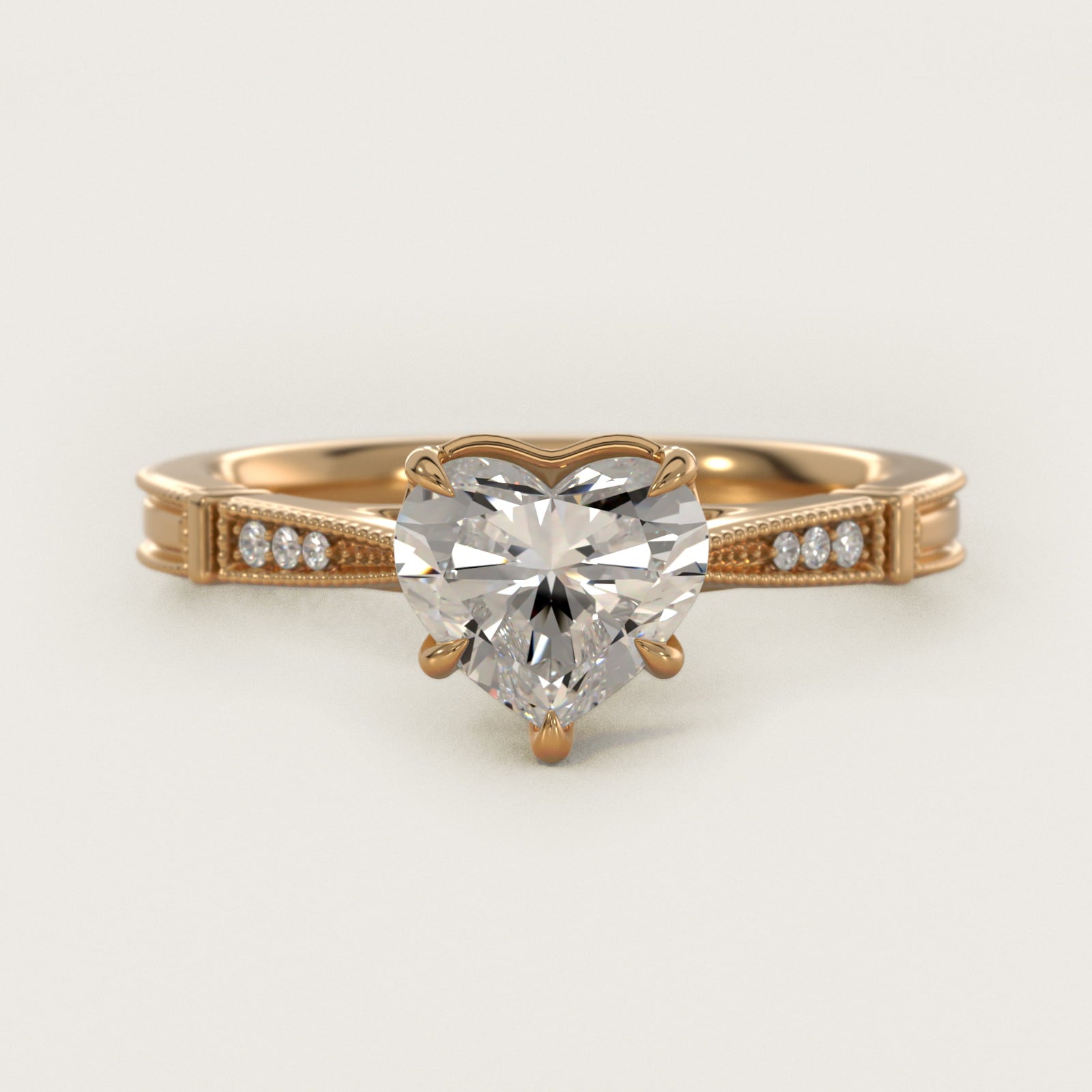 Six-Prong Vintage Milgrain and Diamond Engagement Ring in 14k Yellow Gold - Heart Center