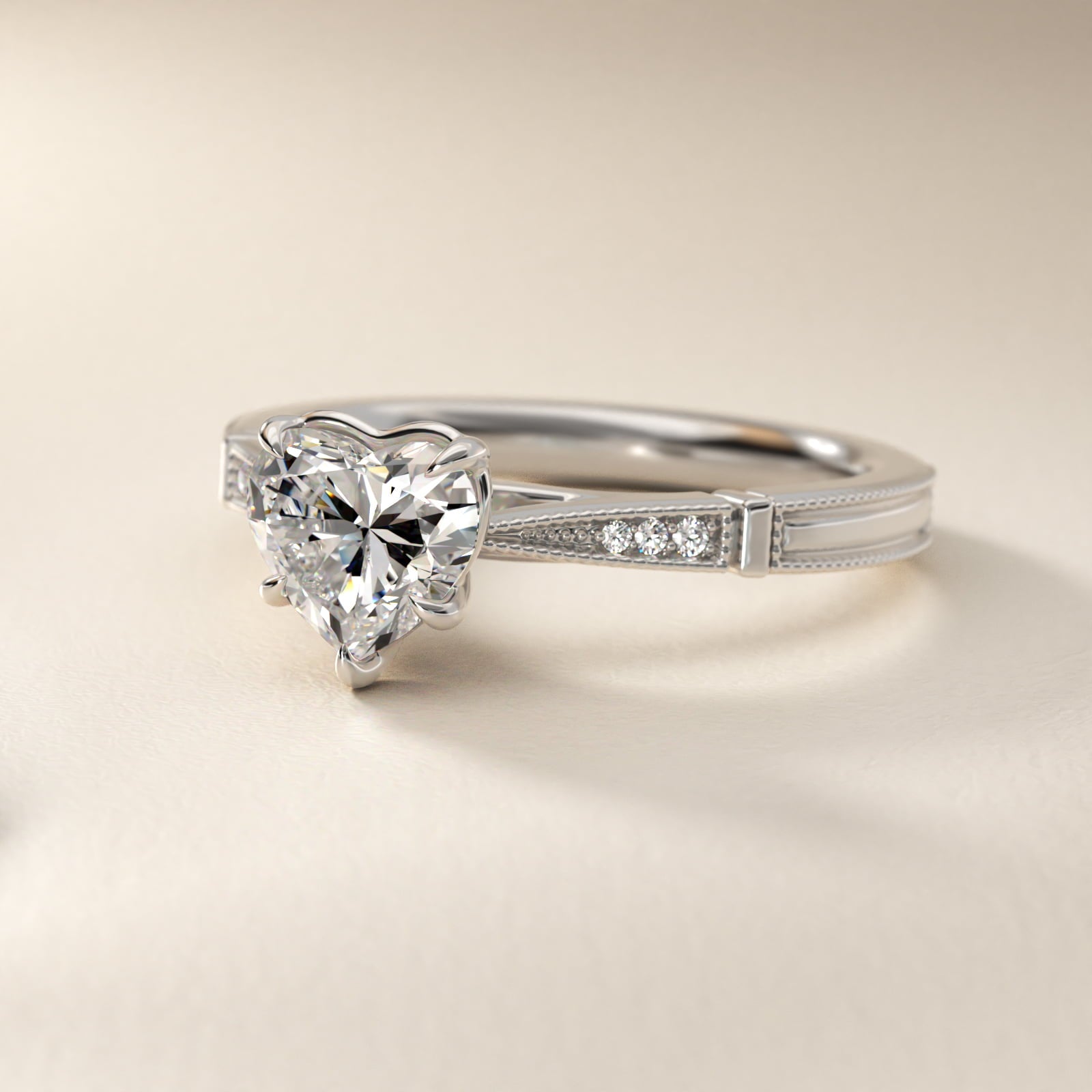 Six-Prong Vintage Milgrain and Diamond Engagement Ring in Platinum - Heart Center