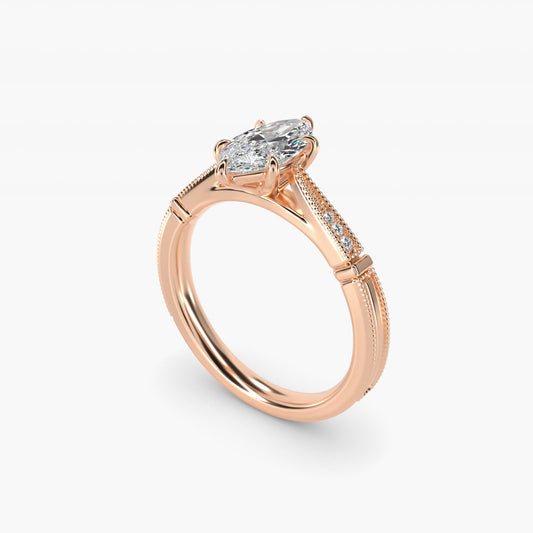 Six-Prong Vintage Milgrain and Diamond Engagement Ring in 18k Rose Gold - Marquise Center