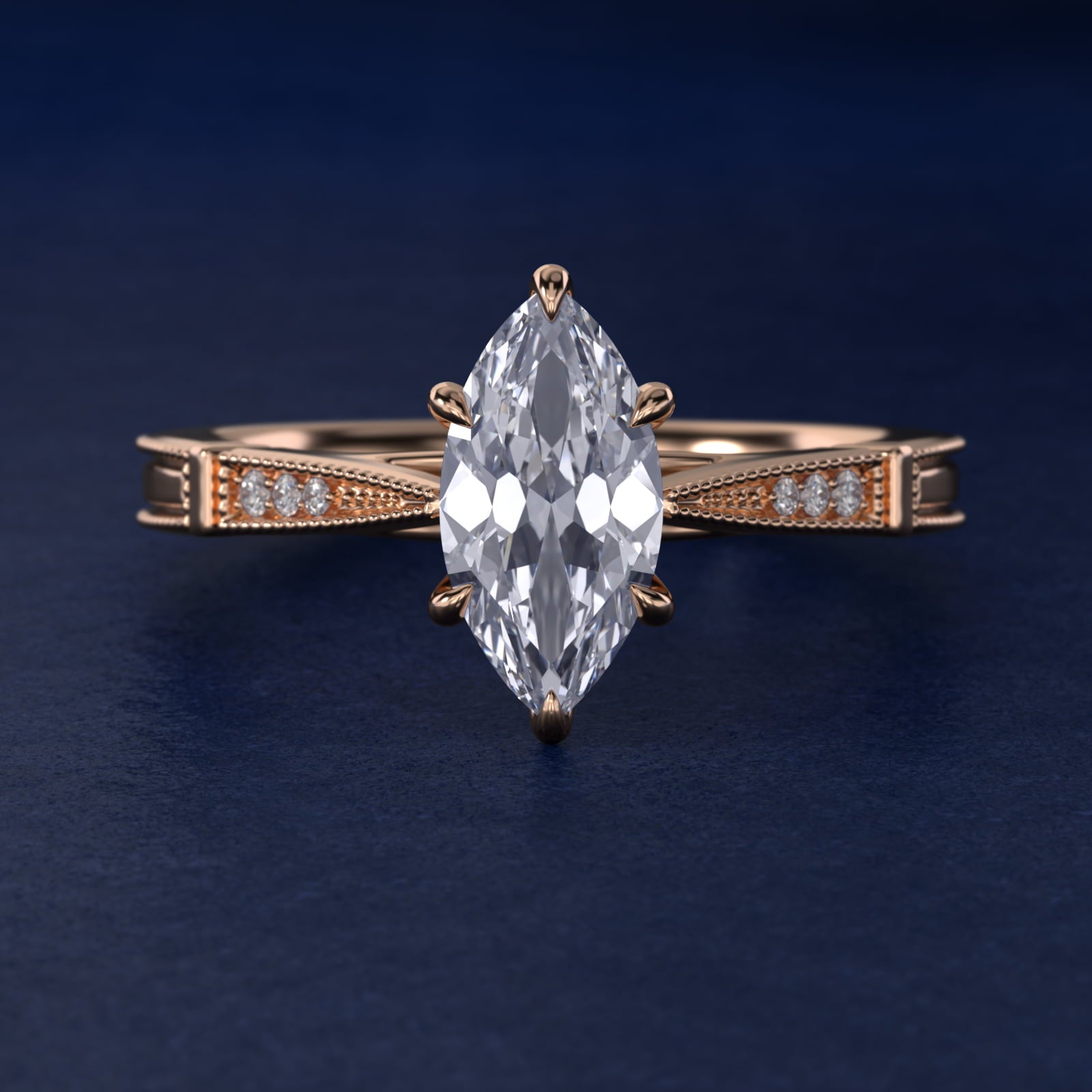 Six-Prong Vintage Milgrain and Diamond Engagement Ring in 18k Rose Gold - Marquise Center