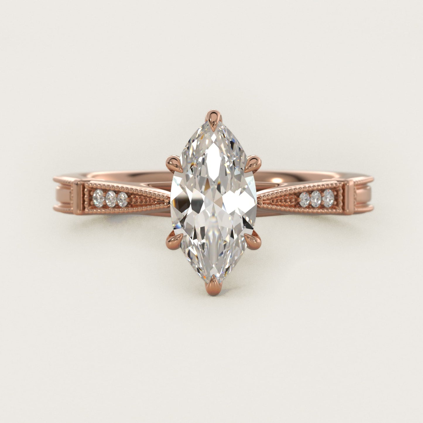 Six-Prong Vintage Milgrain and Diamond Engagement Ring in 14k Rose Gold - Marquise Center