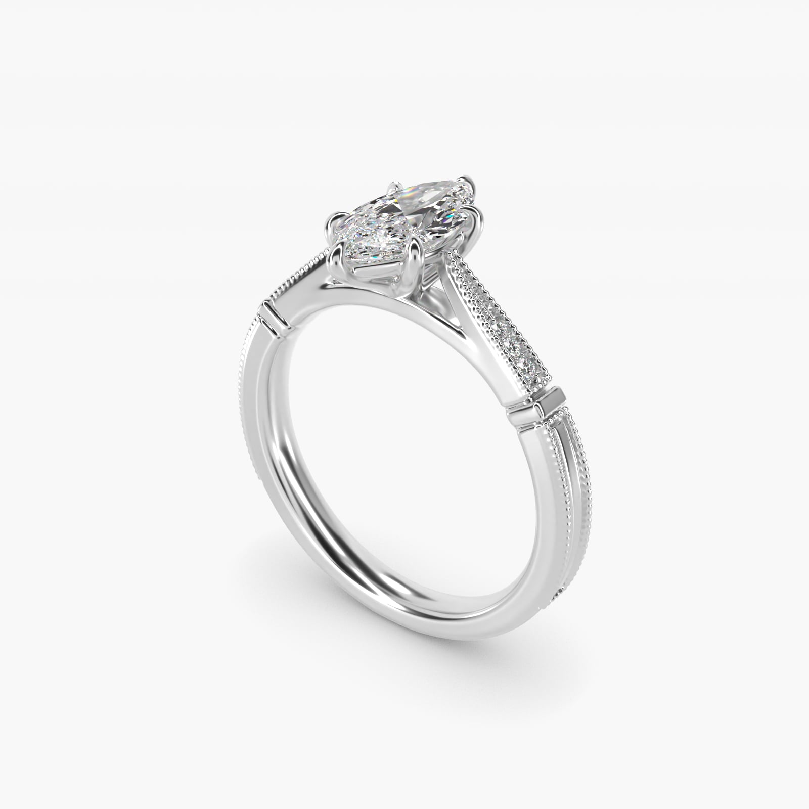Six-Prong Vintage Milgrain and Diamond Engagement Ring in 14k White Gold - Marquise Center