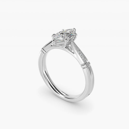 Six-Prong Vintage Milgrain and Diamond Engagement Ring in 14k White Gold - Marquise Center