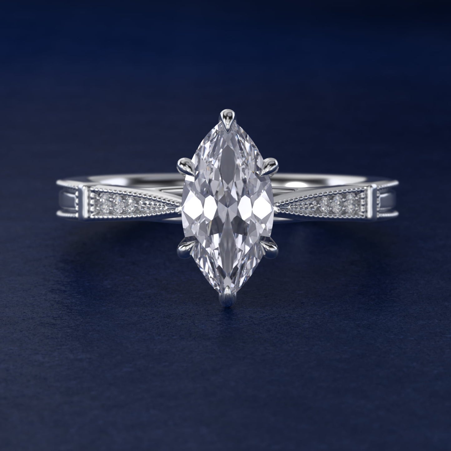 Six-Prong Vintage Milgrain and Diamond Engagement Ring in 14k White Gold - Marquise Center