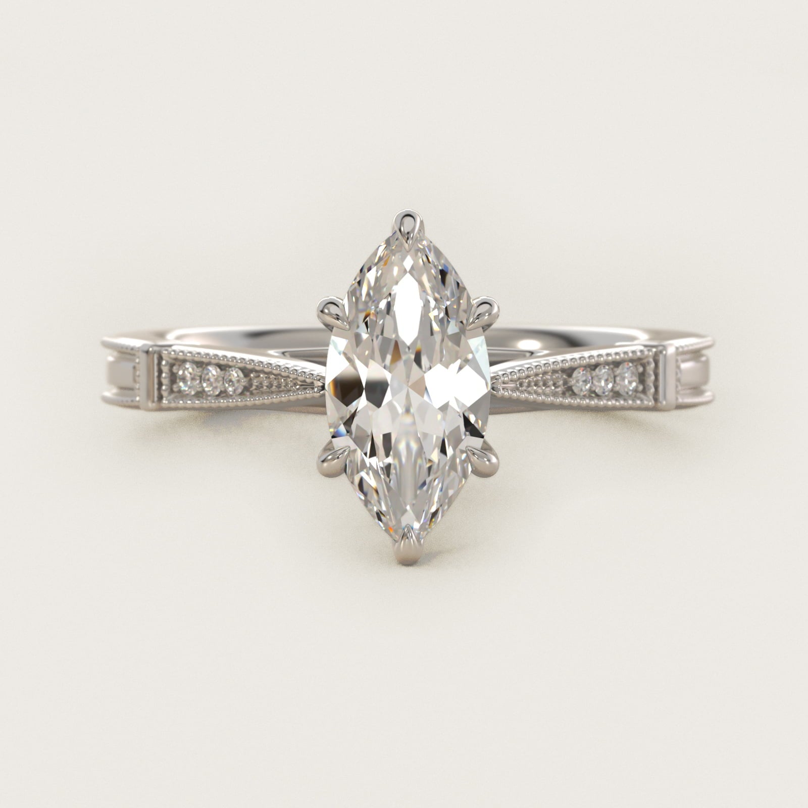 Six-Prong Vintage Milgrain and Diamond Engagement Ring in 18k White Gold - Marquise Center