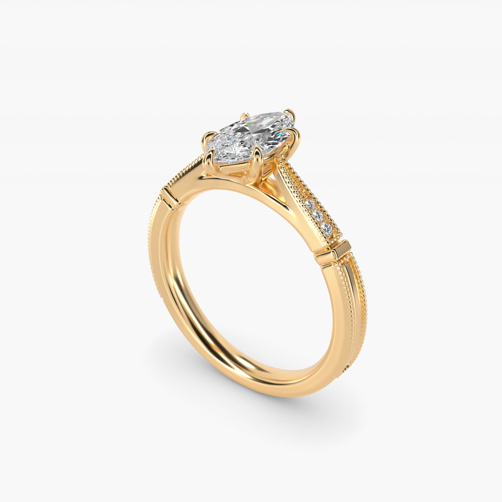 Six-Prong Vintage Milgrain and Diamond Engagement Ring in 14k Yellow Gold - Marquise Center