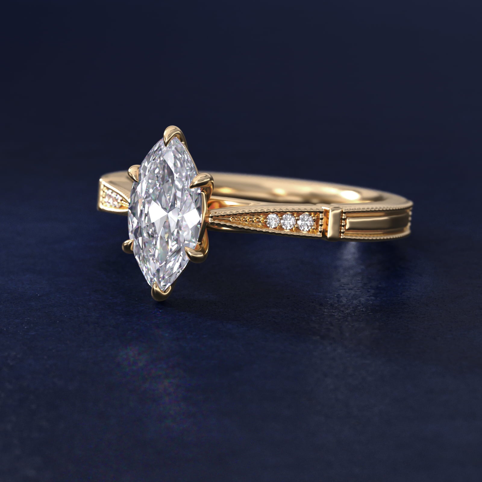 Six-Prong Vintage Milgrain and Diamond Engagement Ring in 14k Yellow Gold - Marquise Center