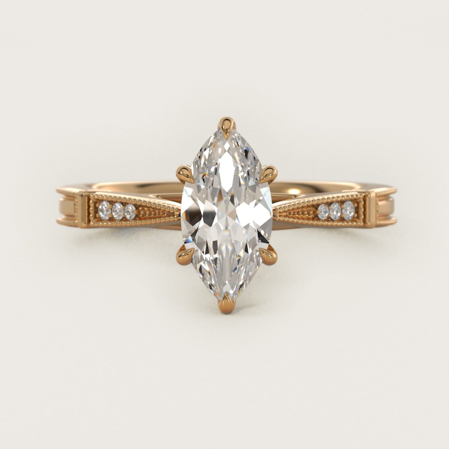 Six-Prong Vintage Milgrain and Diamond Engagement Ring in 18k Yellow Gold - Marquise Center