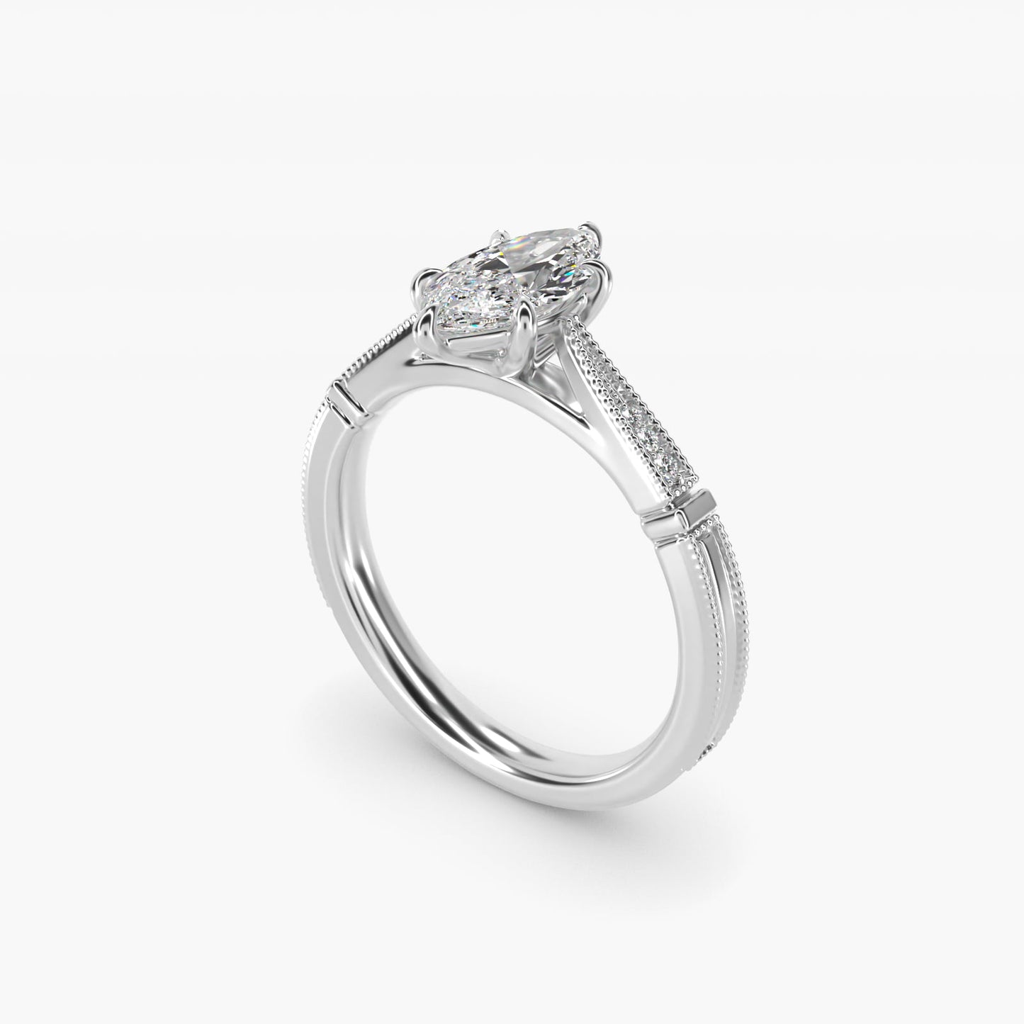 Six-Prong Vintage Milgrain and Diamond Engagement Ring in Platinum - Marquise Center