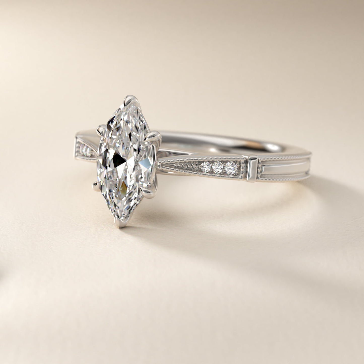Six-Prong Vintage Milgrain and Diamond Engagement Ring in Platinum - Marquise Center