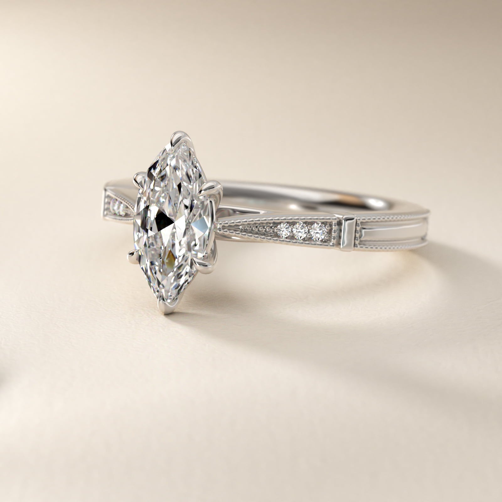 Six-Prong Vintage Milgrain and Diamond Engagement Ring in Platinum - Marquise Center