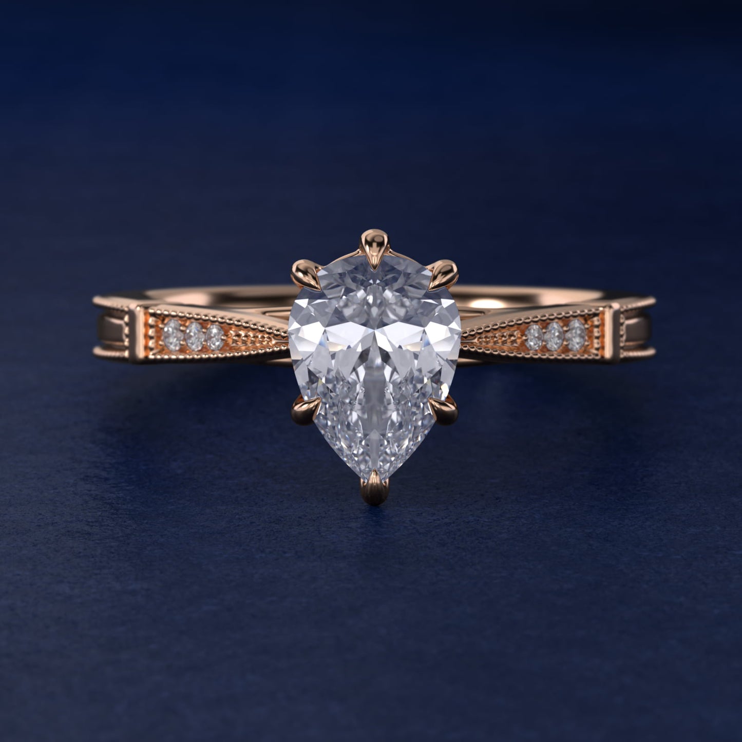 Six-Prong Vintage Milgrain and Diamond Engagement Ring in 14k Rose Gold - Pear Center