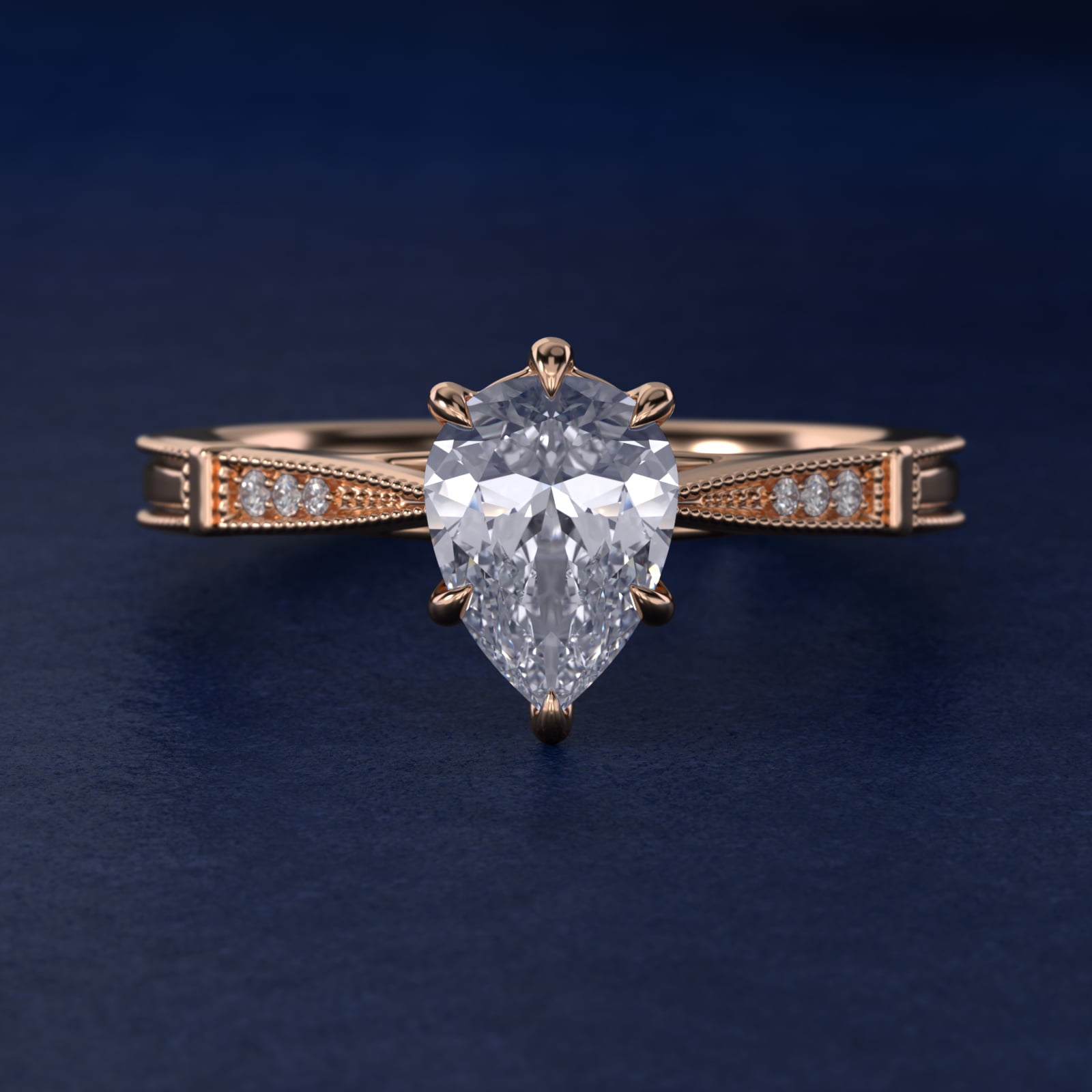 Six-Prong Vintage Milgrain and Diamond Engagement Ring in 14k Rose Gold - Pear Center