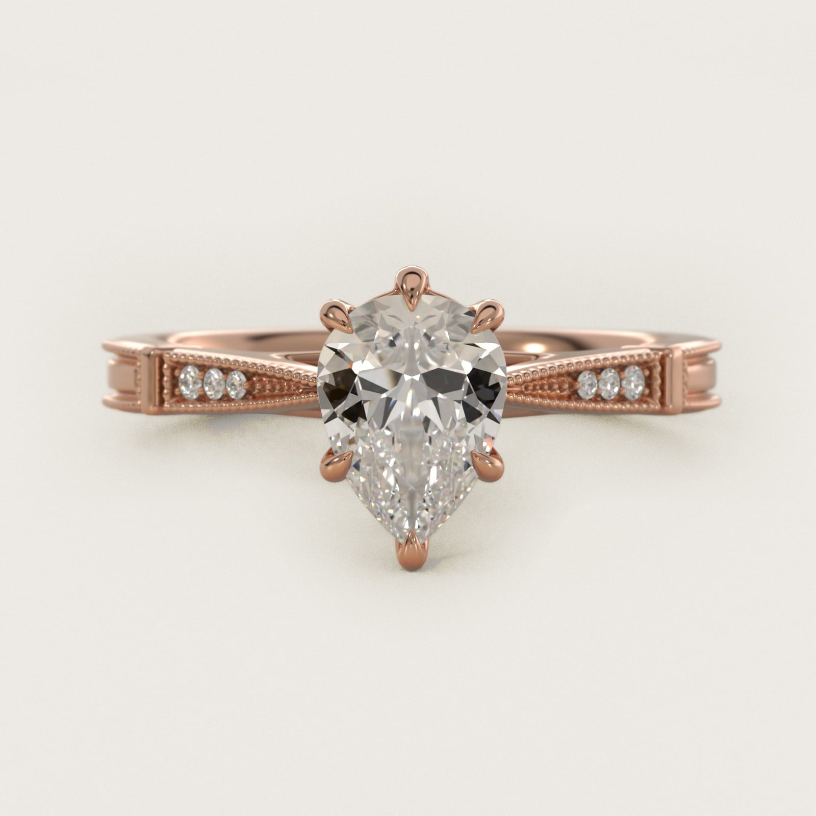 Six-Prong Vintage Milgrain and Diamond Engagement Ring in 18k Rose Gold - Pear Center