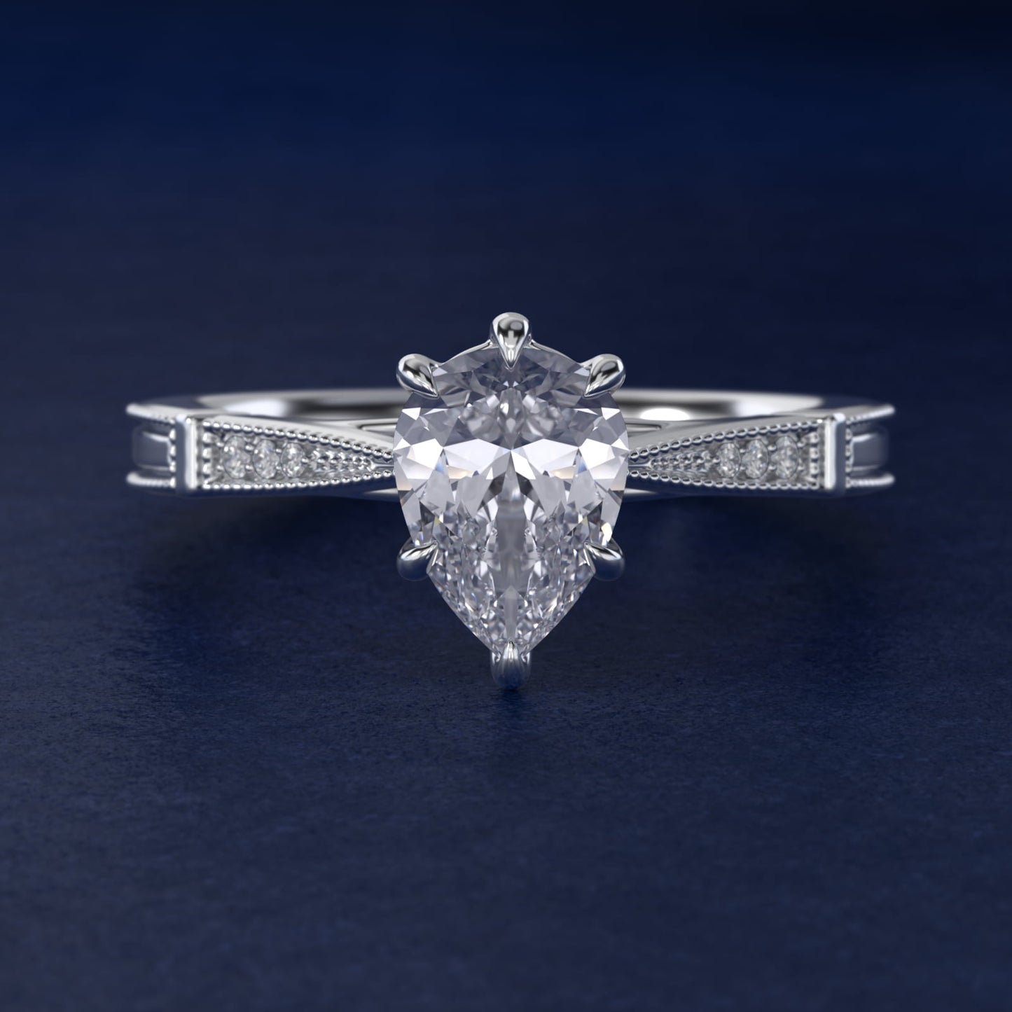 Six-Prong Vintage Milgrain and Diamond Engagement Ring in 14k White Gold - Pear Center
