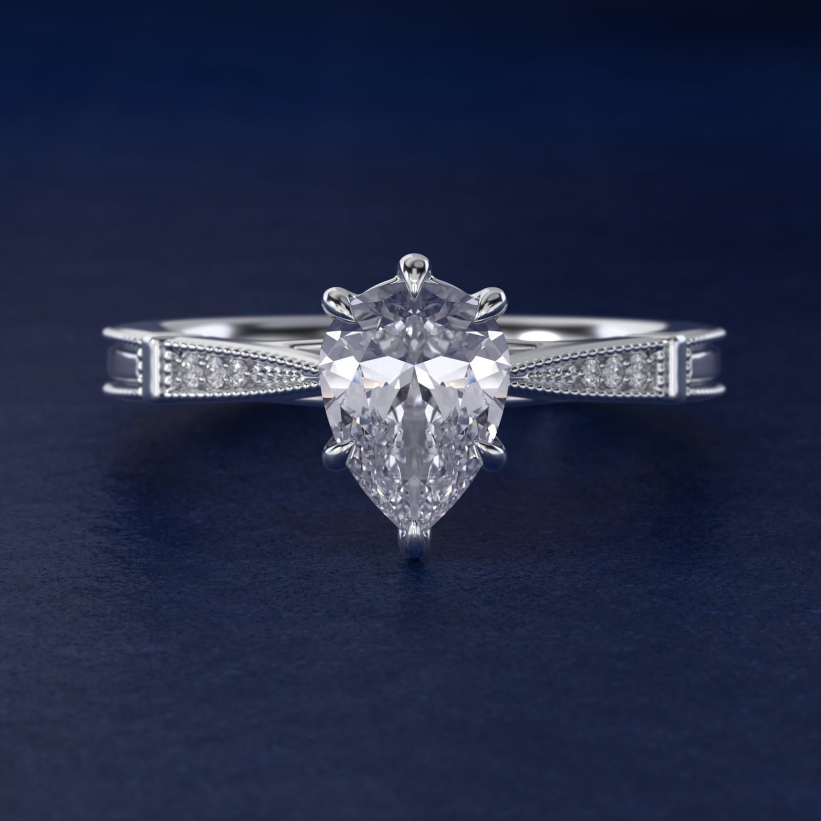 Six-Prong Vintage Milgrain and Diamond Engagement Ring in 18k White Gold - Pear Center