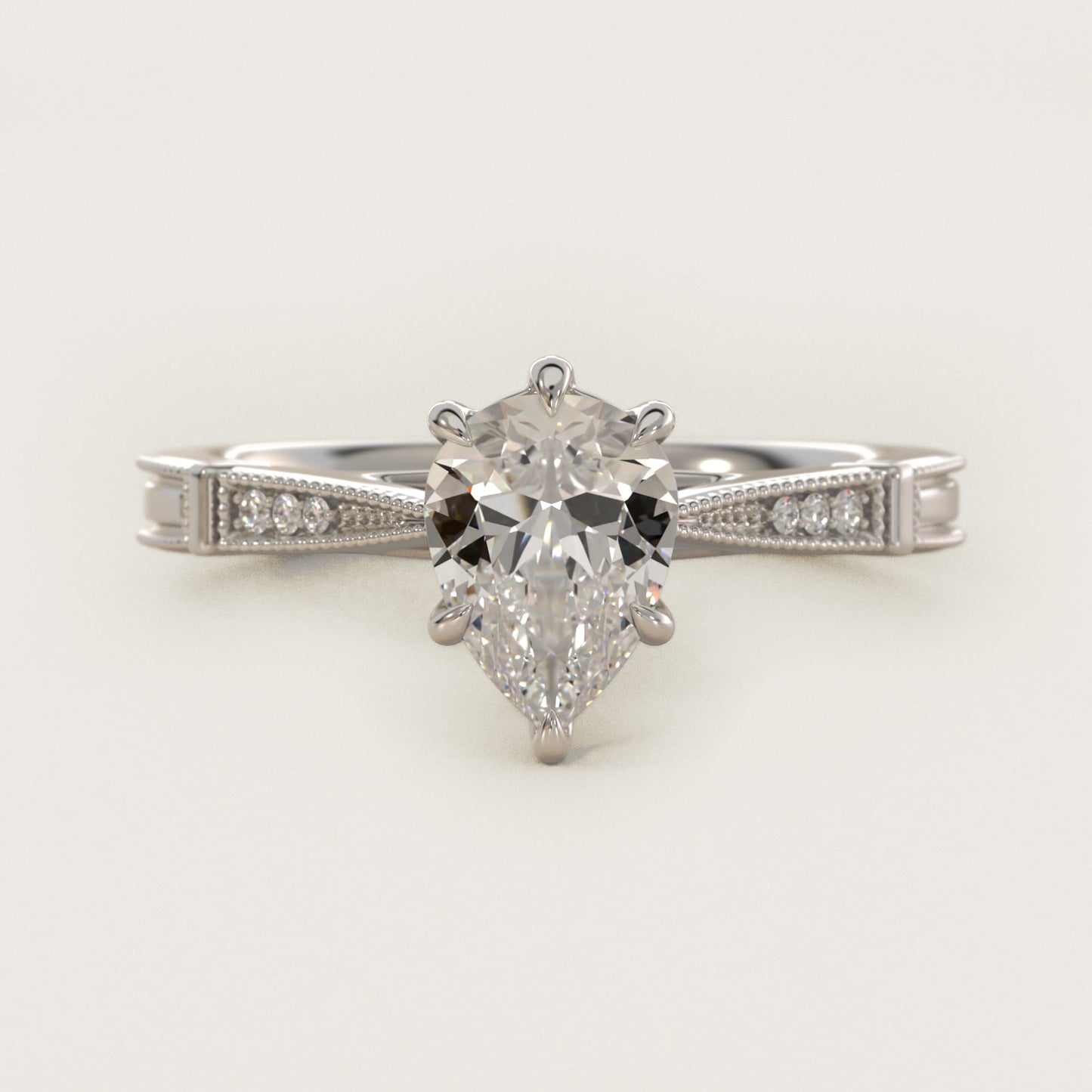 Six-Prong Vintage Milgrain and Diamond Engagement Ring in 14k White Gold - Pear Center