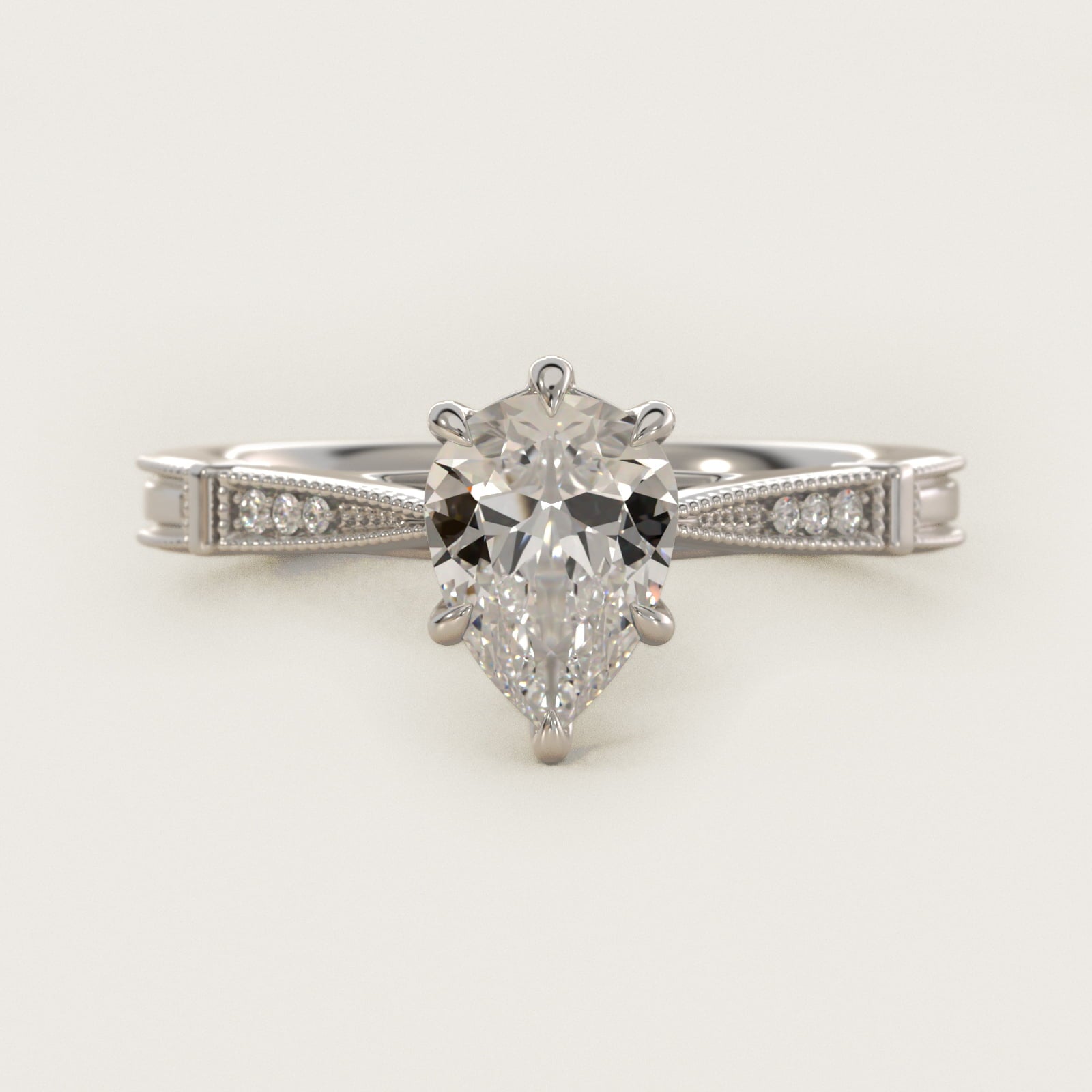 Six-Prong Vintage Milgrain and Diamond Engagement Ring in 18k White Gold - Pear Center