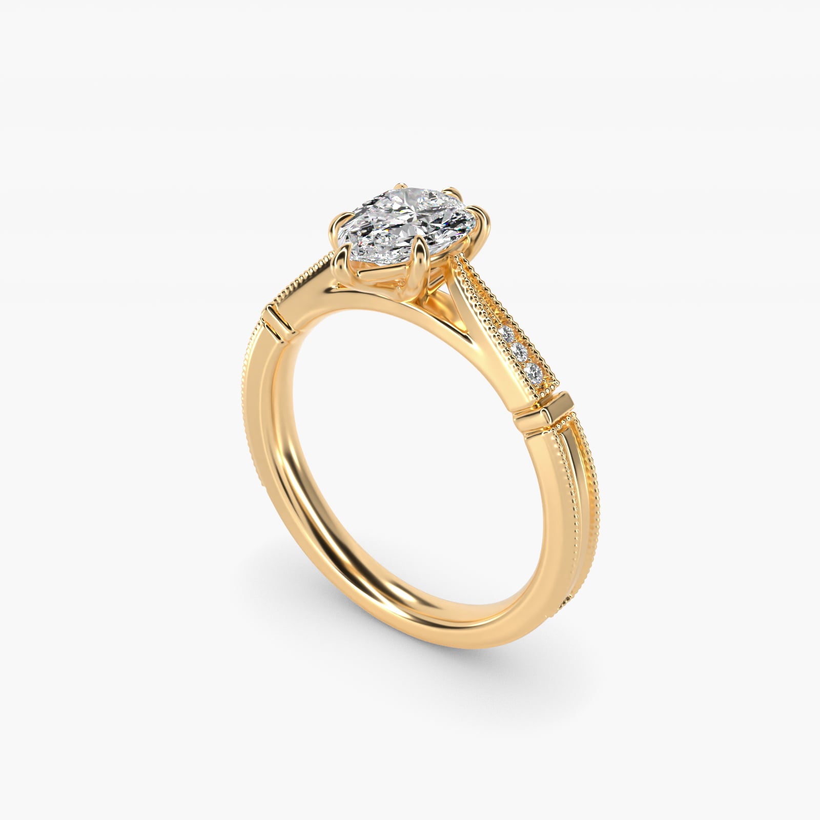 Six-Prong Vintage Milgrain and Diamond Engagement Ring in 14k Yellow Gold - Pear Center