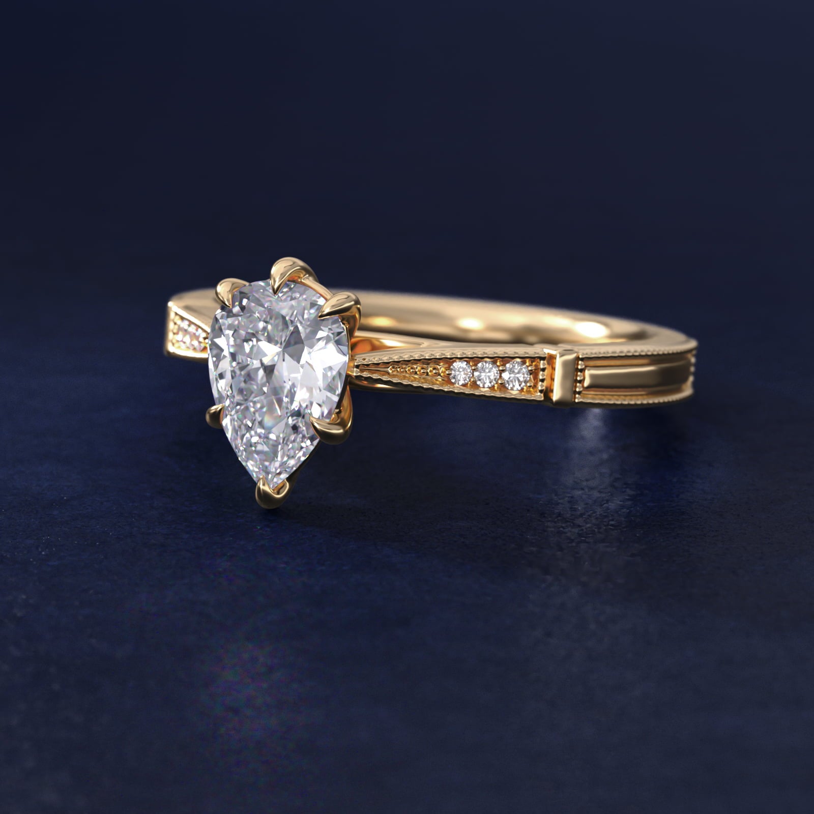 Six-Prong Vintage Milgrain and Diamond Engagement Ring in 14k Yellow Gold - Pear Center