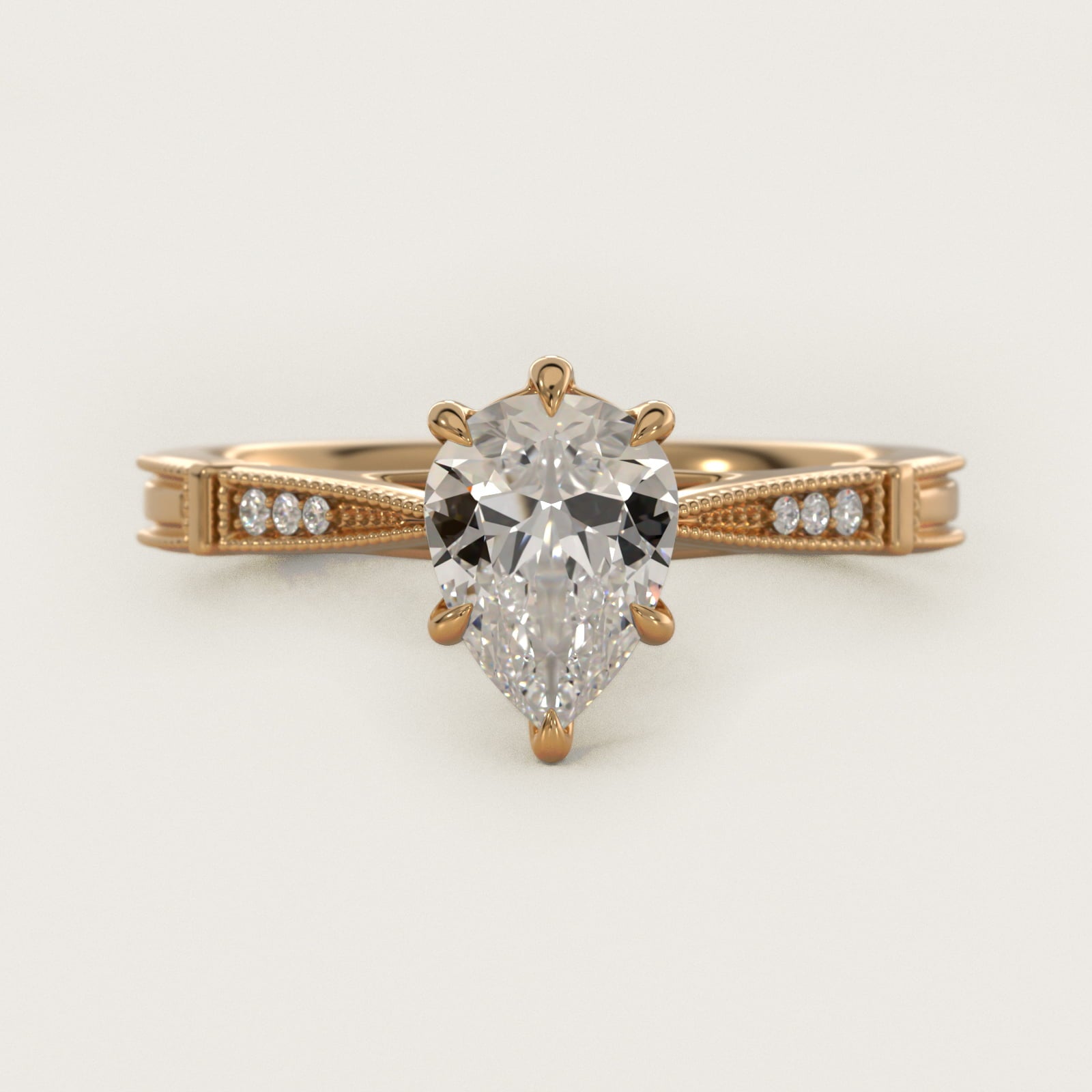 Six-Prong Vintage Milgrain and Diamond Engagement Ring in 14k Yellow Gold - Pear Center