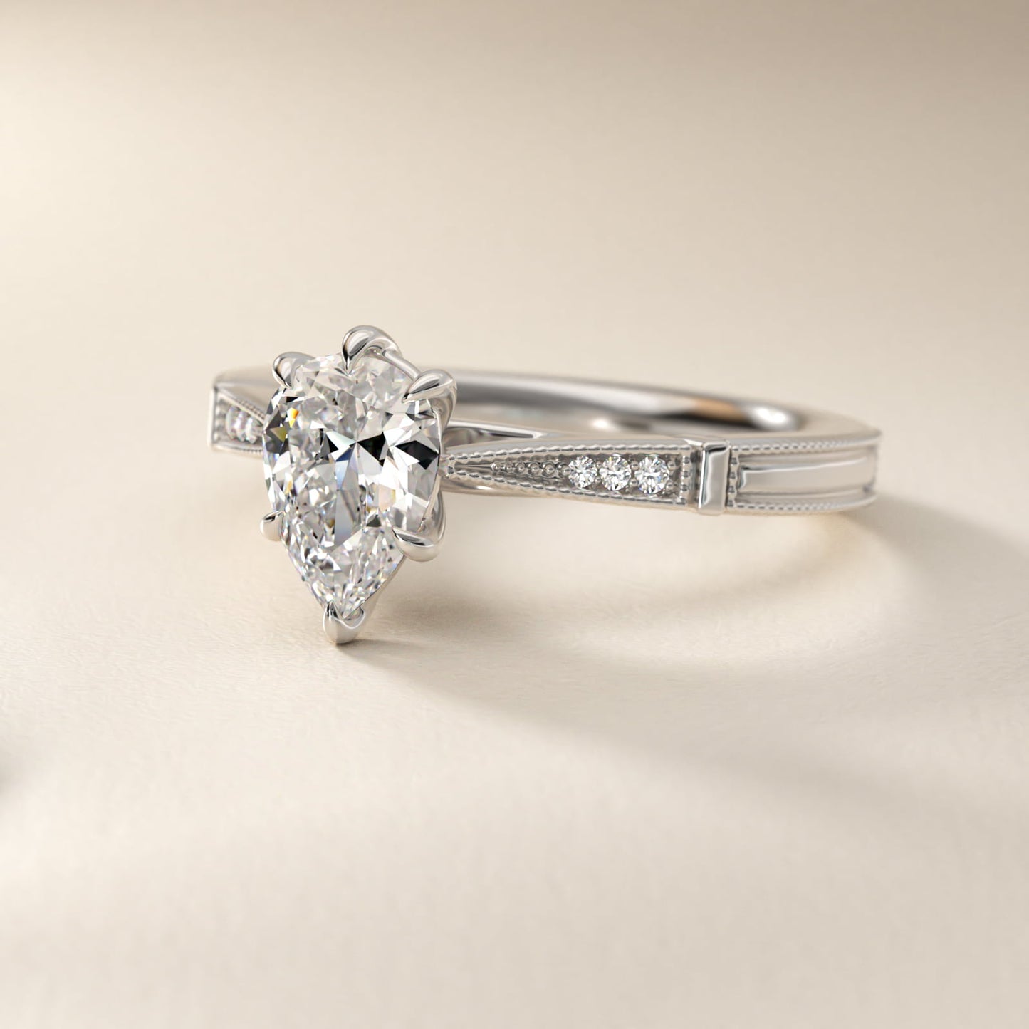 Six-Prong Vintage Milgrain and Diamond Engagement Ring in Platinum - Pear Center