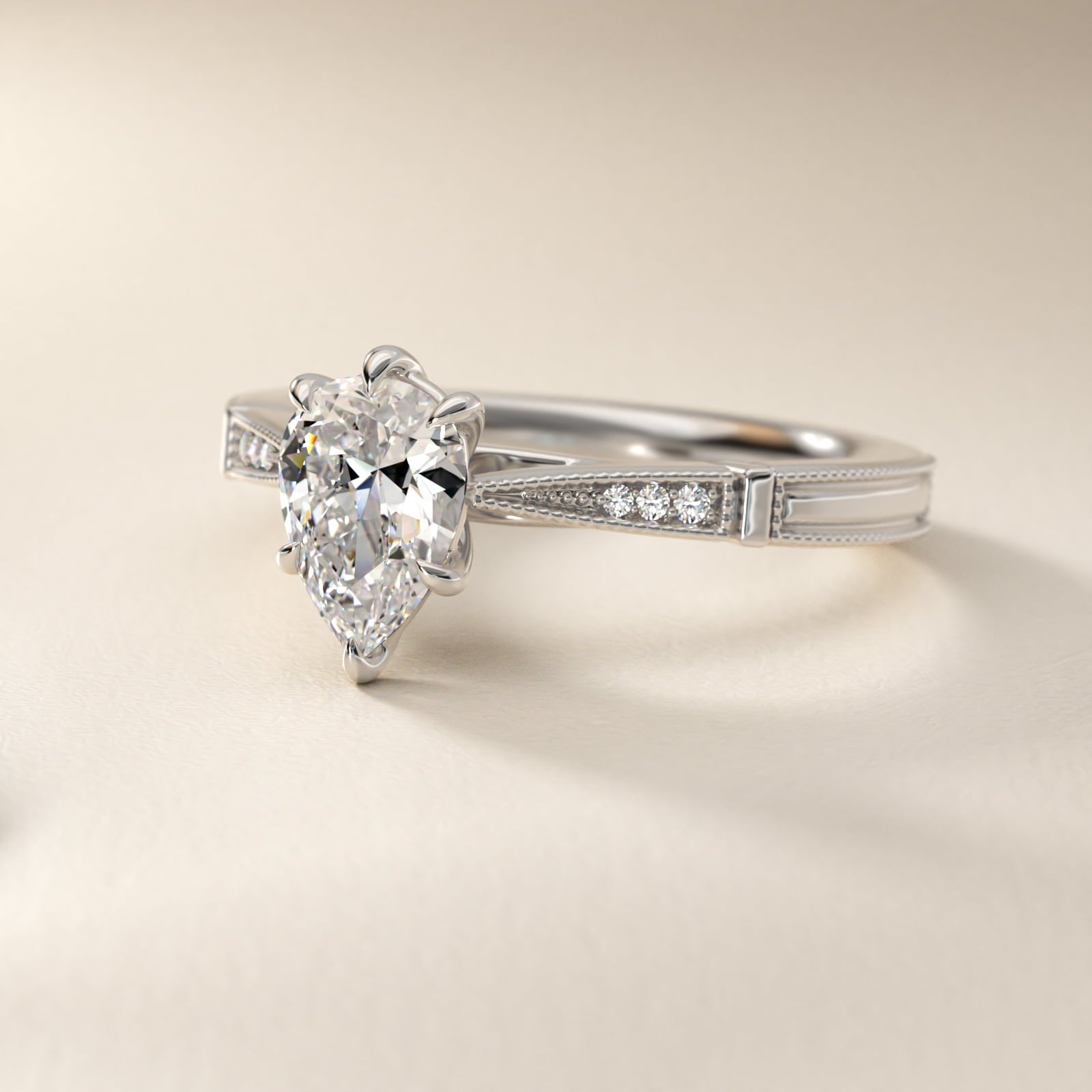 Six-Prong Vintage Milgrain and Diamond Engagement Ring in Platinum - Pear Center