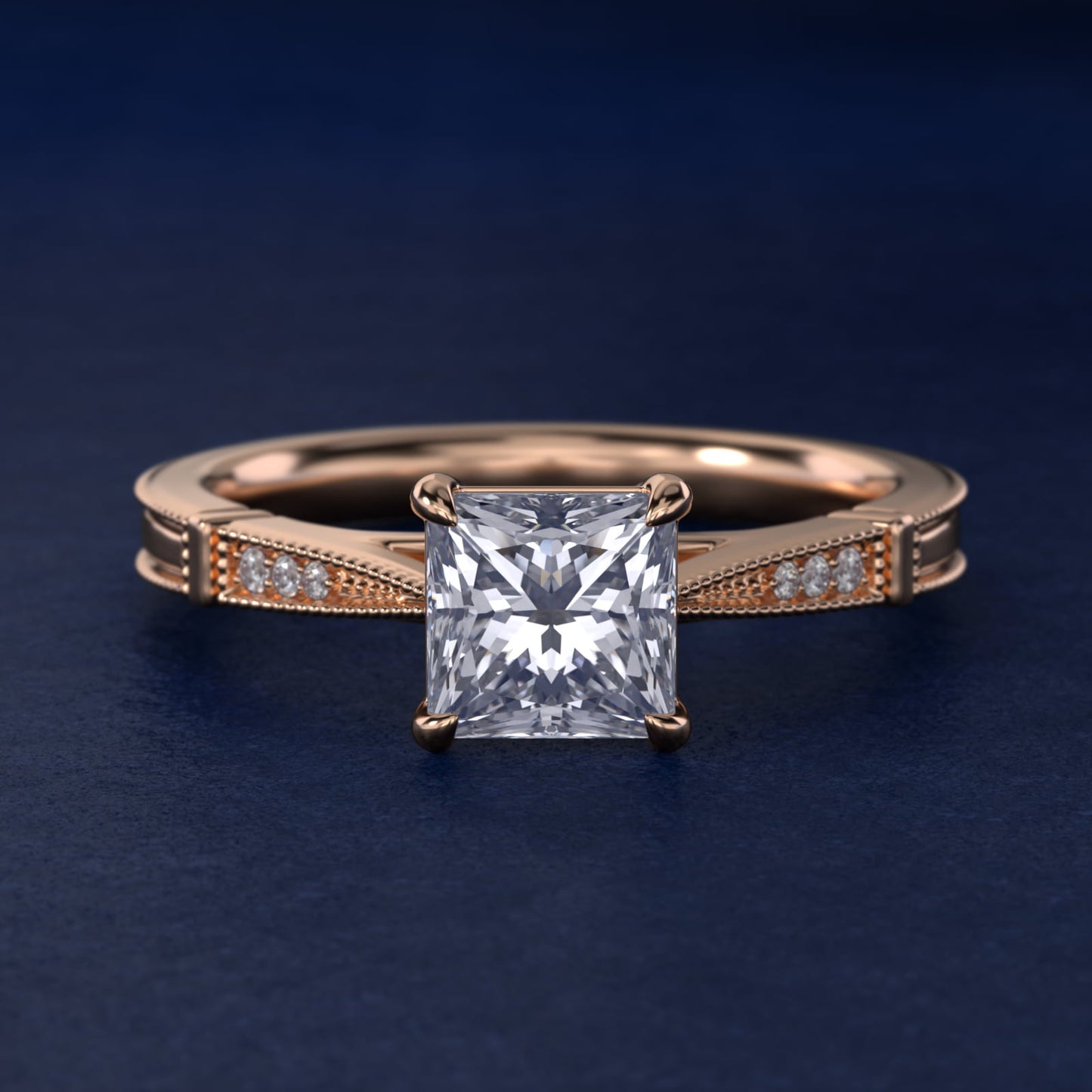 Six-Prong Vintage Milgrain and Diamond Engagement Ring in 14k Rose Gold - Princess Center