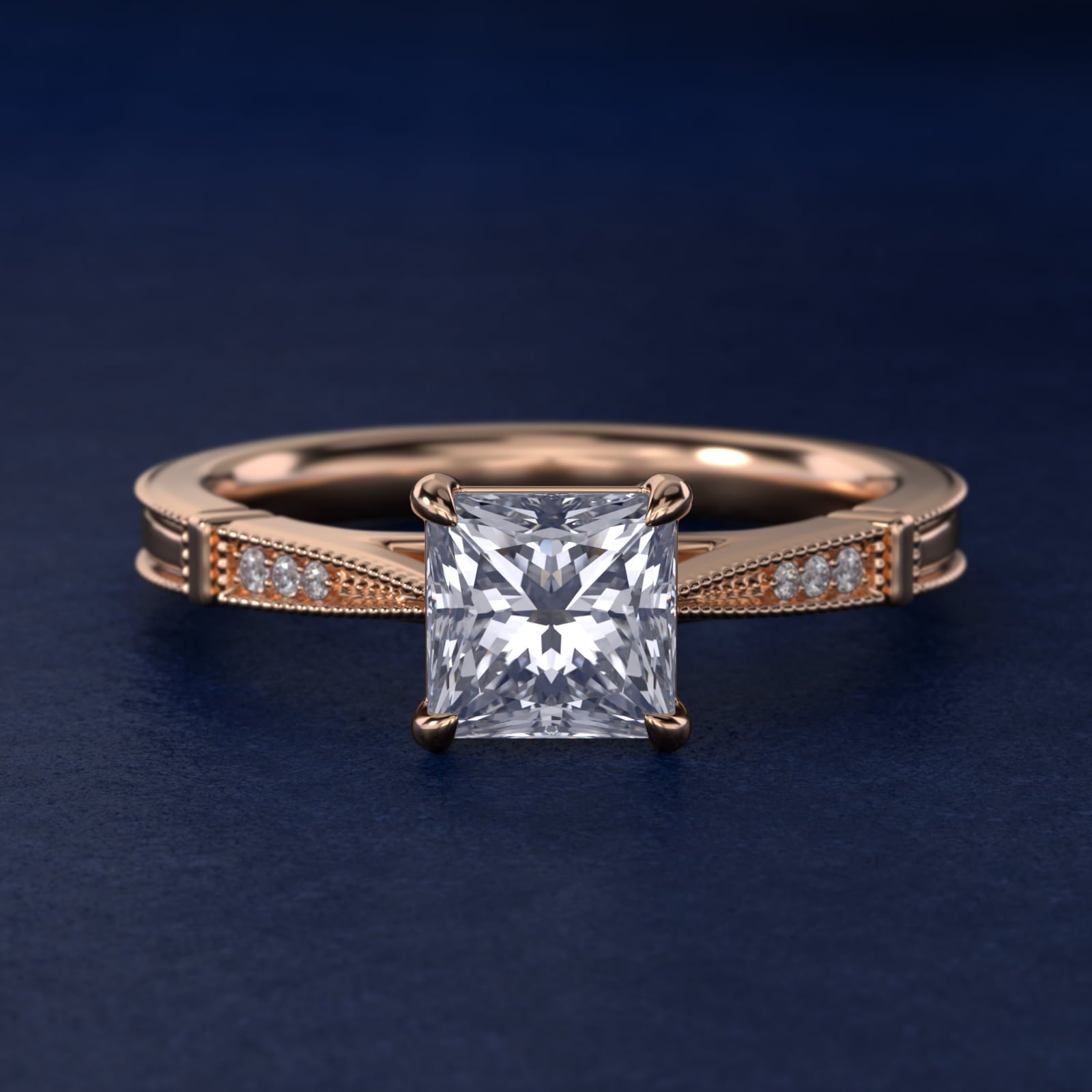 Six-Prong Vintage Milgrain and Diamond Engagement Ring in 14k Rose Gold - Princess Center