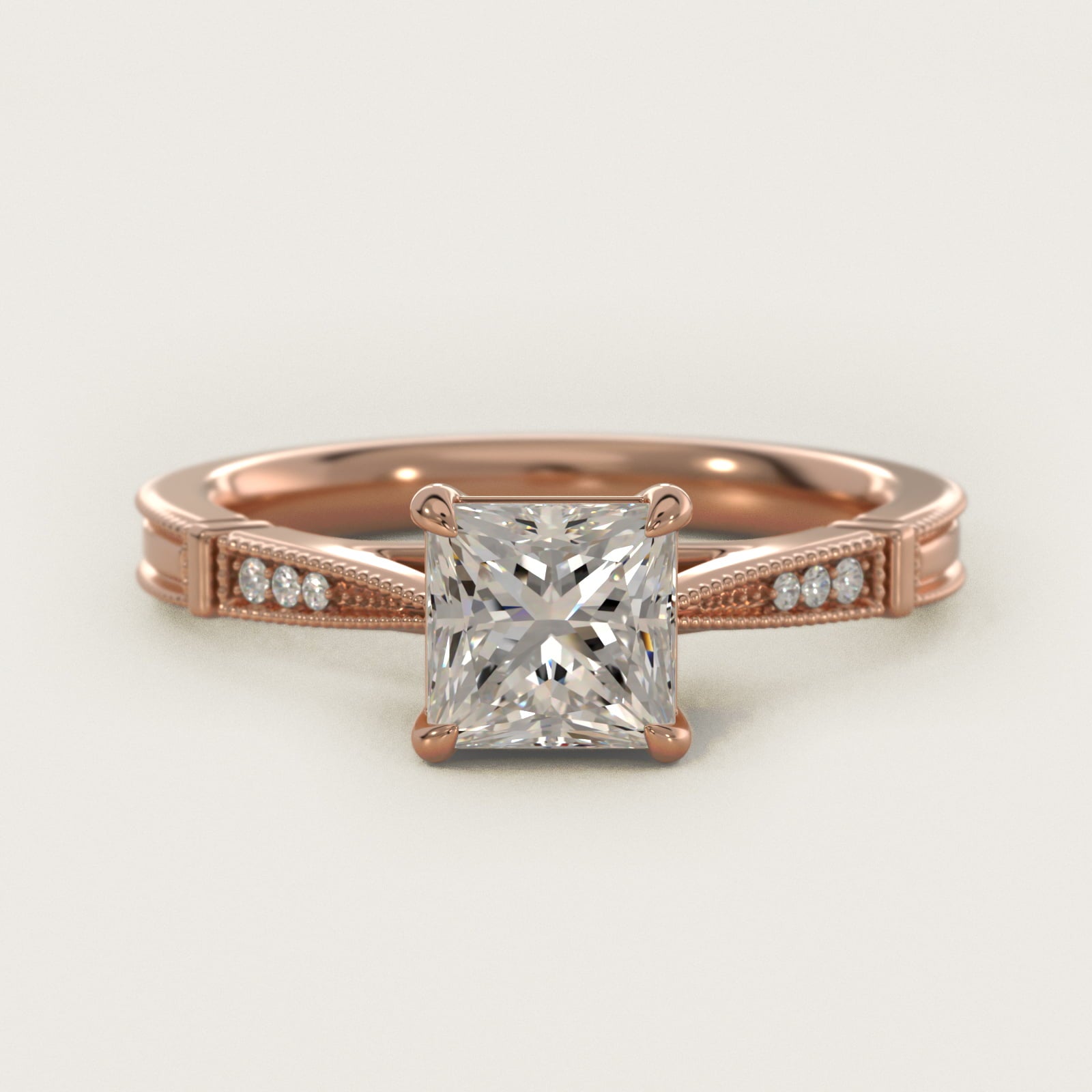 Six-Prong Vintage Milgrain and Diamond Engagement Ring in 14k Rose Gold - Princess Center