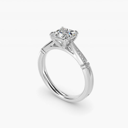Six-Prong Vintage Milgrain and Diamond Engagement Ring in 14k White Gold - Princess Center
