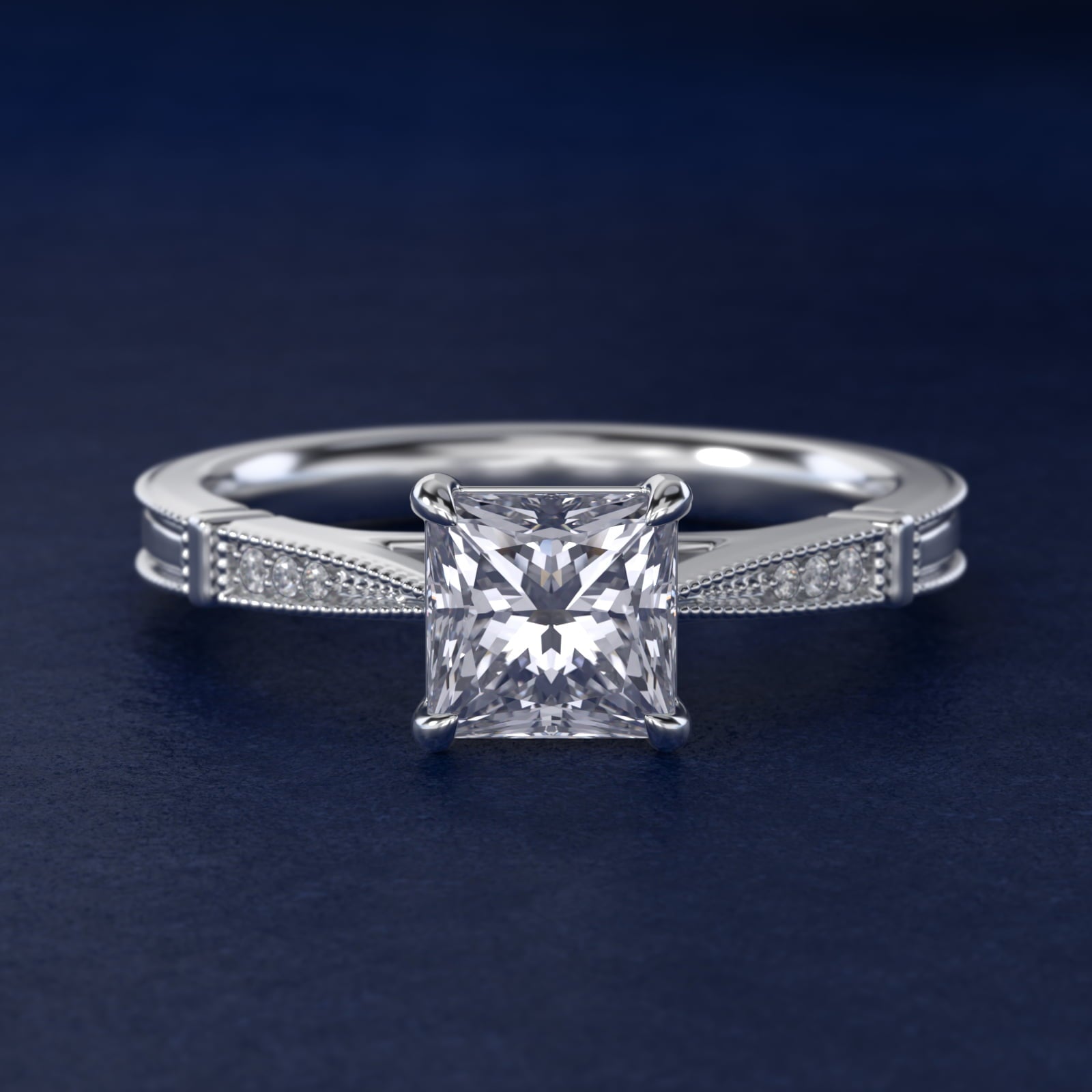 Six-Prong Vintage Milgrain and Diamond Engagement Ring in 14k White Gold - Princess Center