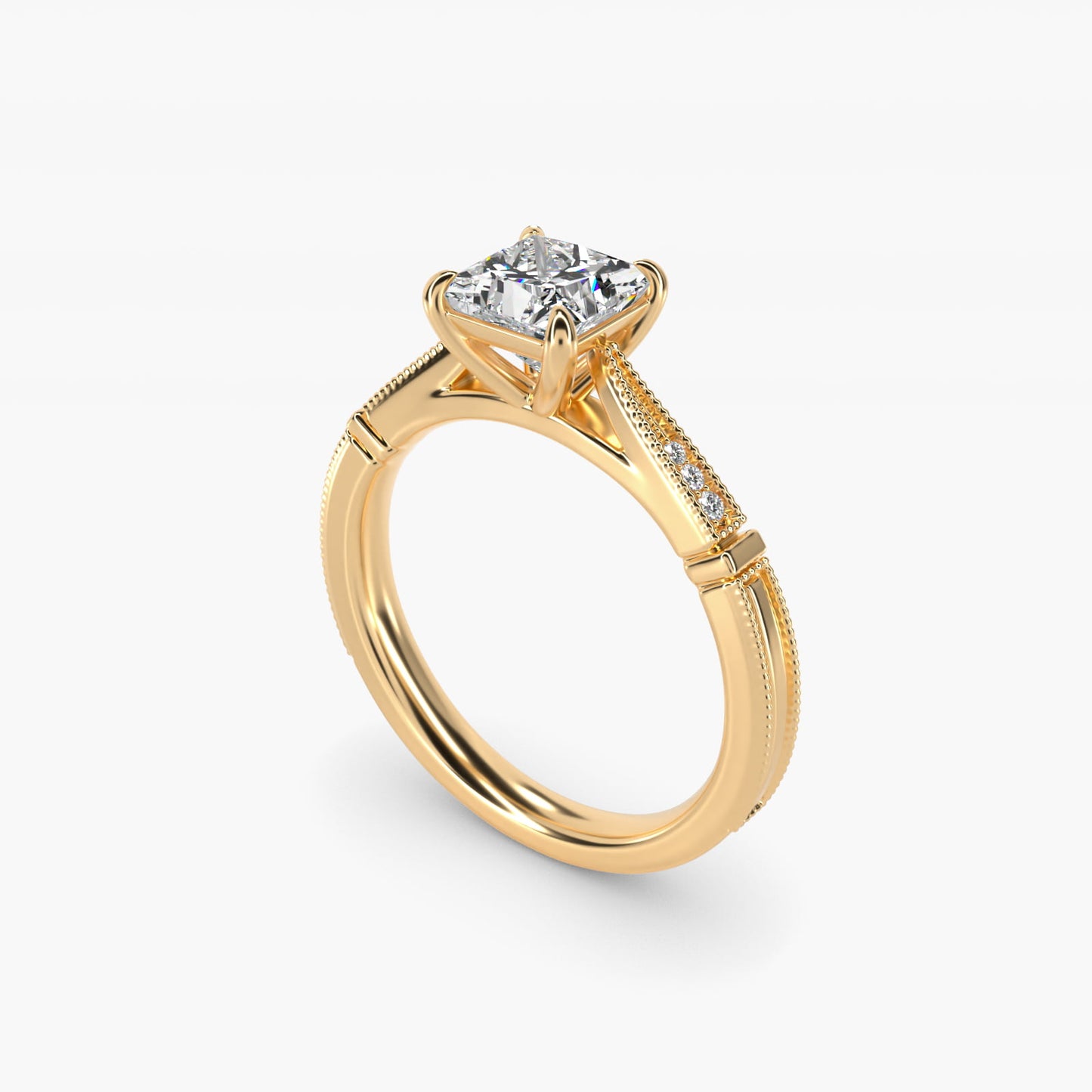 Six-Prong Vintage Milgrain and Diamond Engagement Ring in 14k Yellow Gold - Princess Center