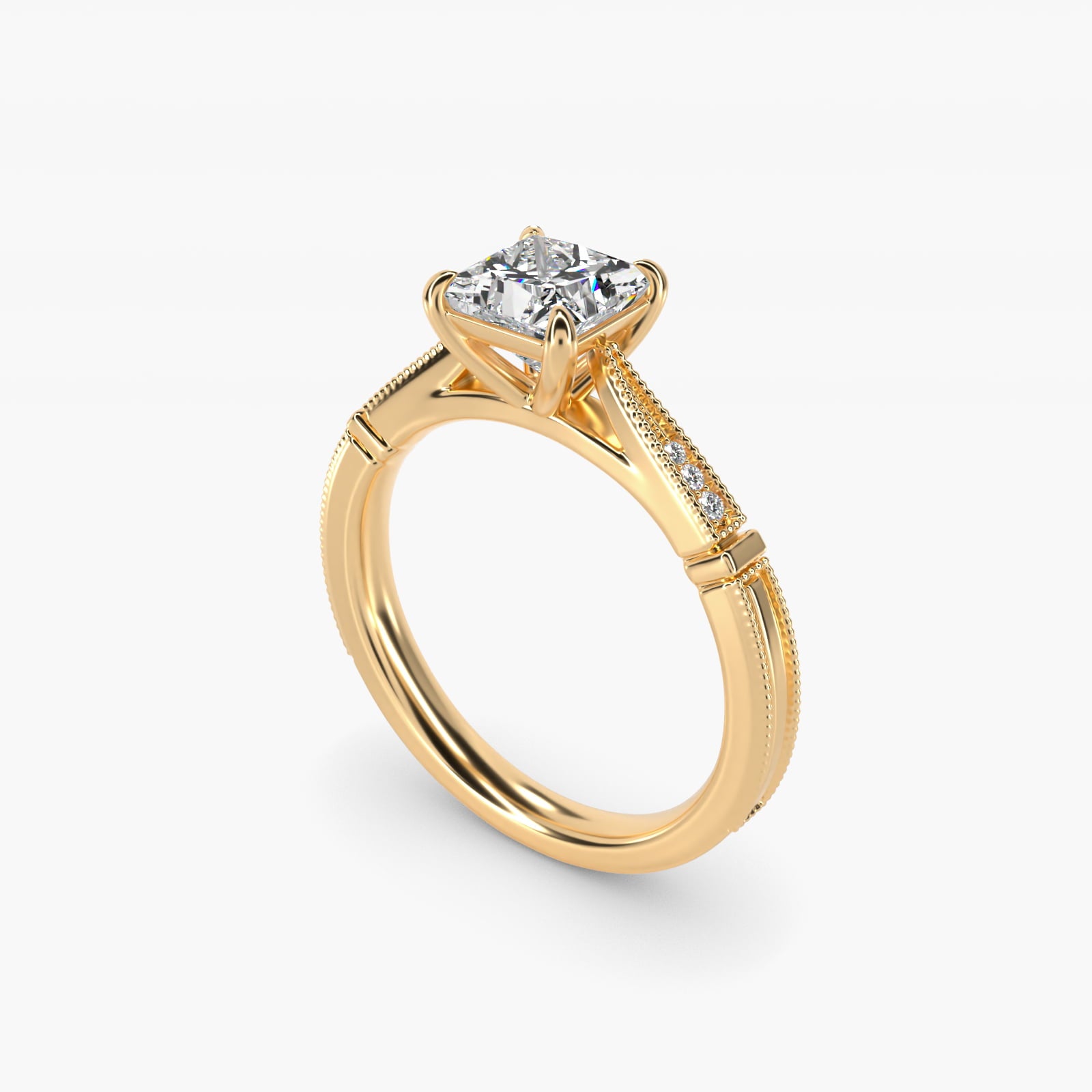 Six-Prong Vintage Milgrain and Diamond Engagement Ring in 14k Yellow Gold - Princess Center