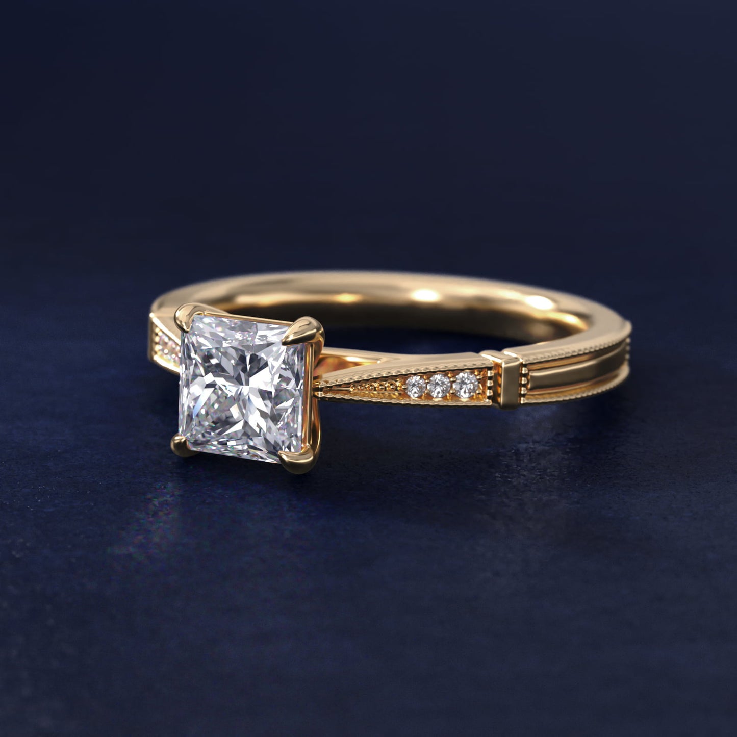 Six-Prong Vintage Milgrain and Diamond Engagement Ring in 14k Yellow Gold - Princess Center