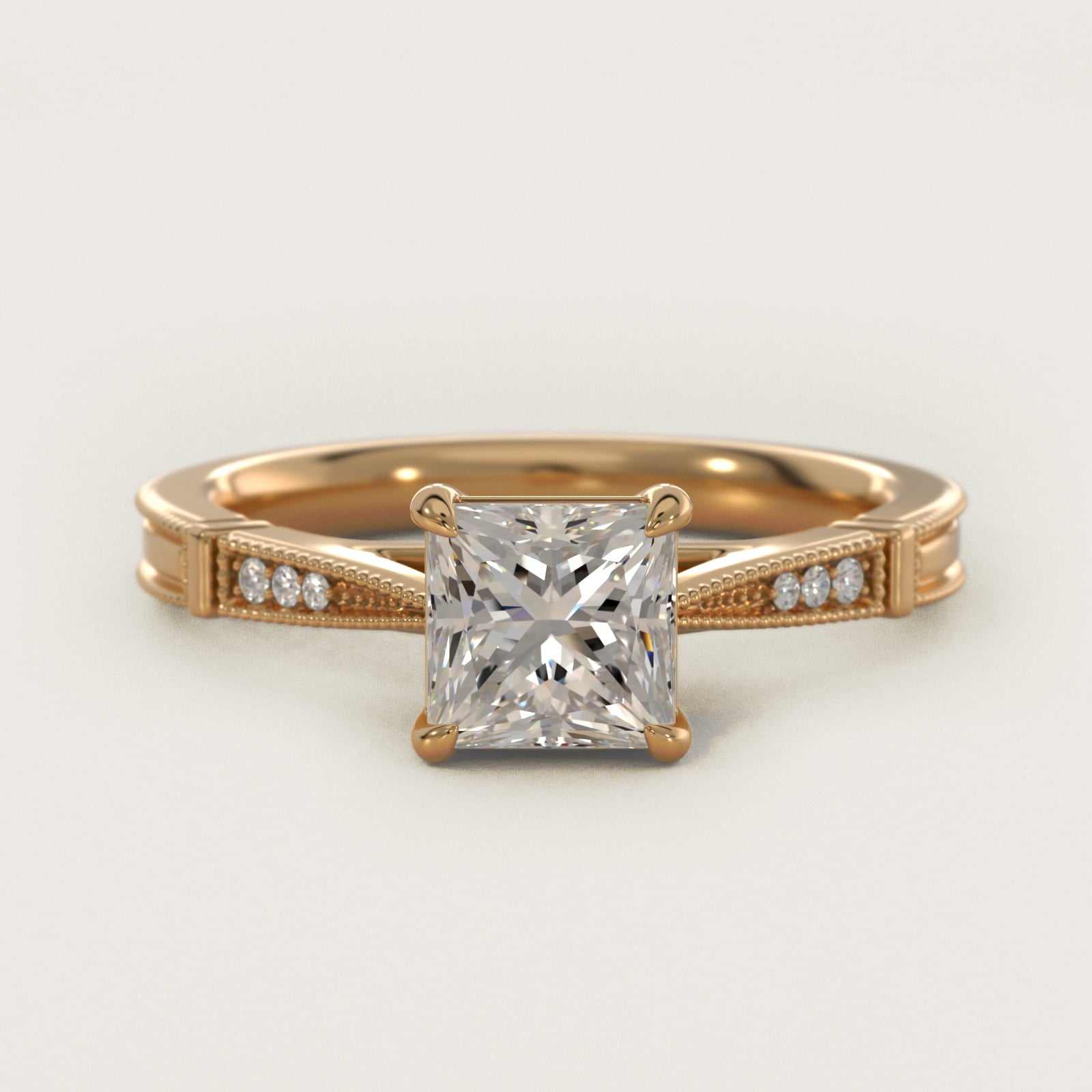 Six-Prong Vintage Milgrain and Diamond Engagement Ring in 14k Yellow Gold - Princess Center