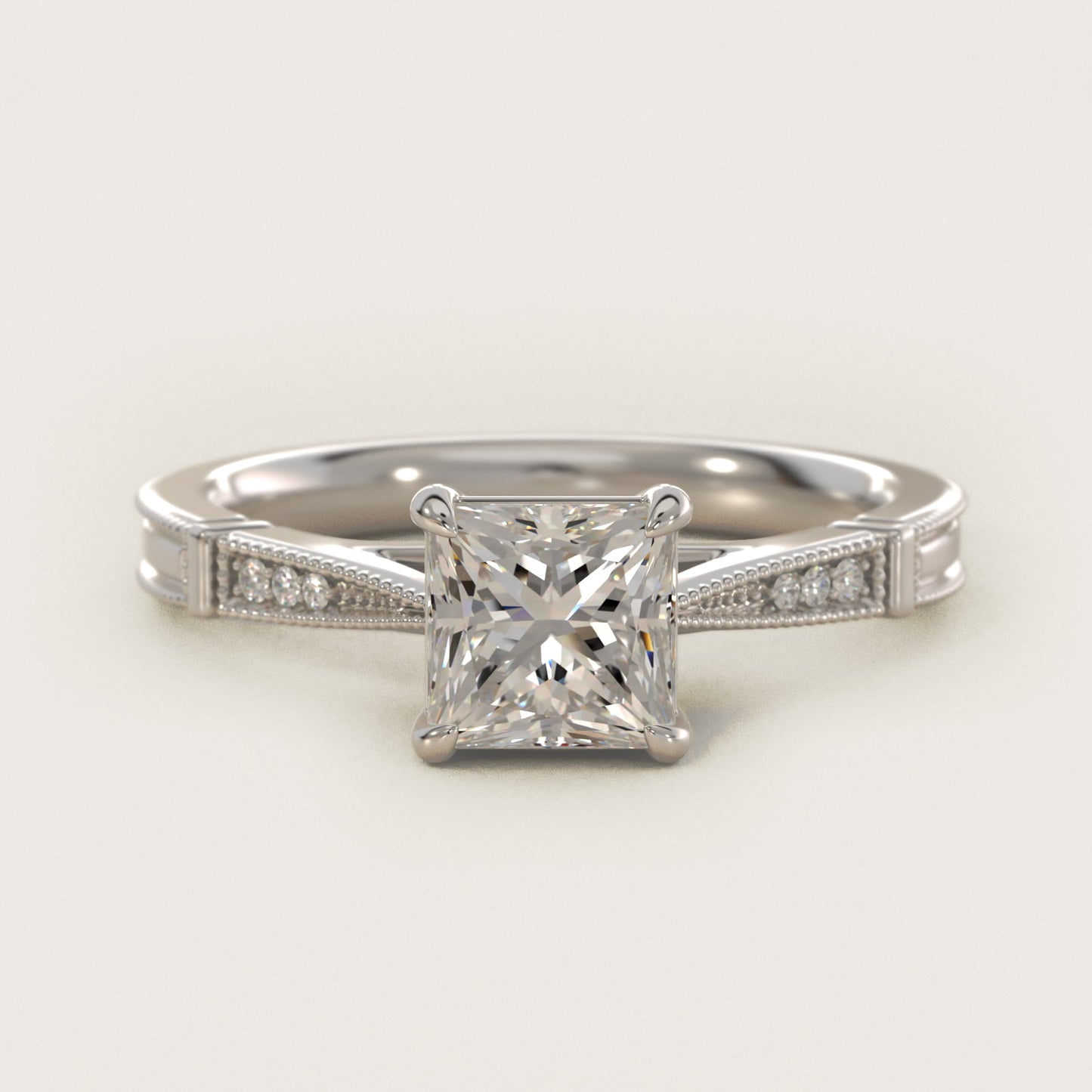 Six-Prong Vintage Milgrain and Diamond Engagement Ring in Platinum - Princess Center