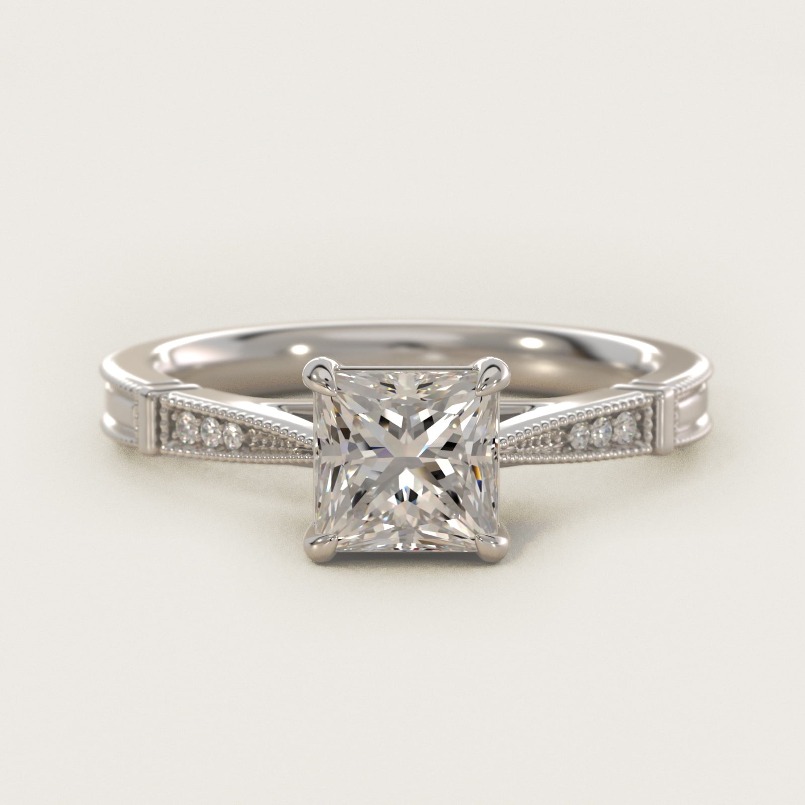 Six-Prong Vintage Milgrain and Diamond Engagement Ring in Platinum - Princess Center