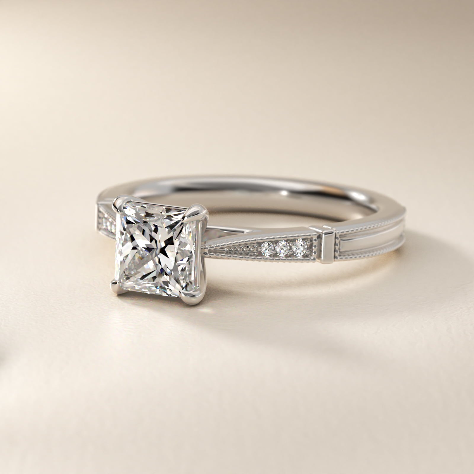 Six-Prong Vintage Milgrain and Diamond Engagement Ring in Platinum - Princess Center