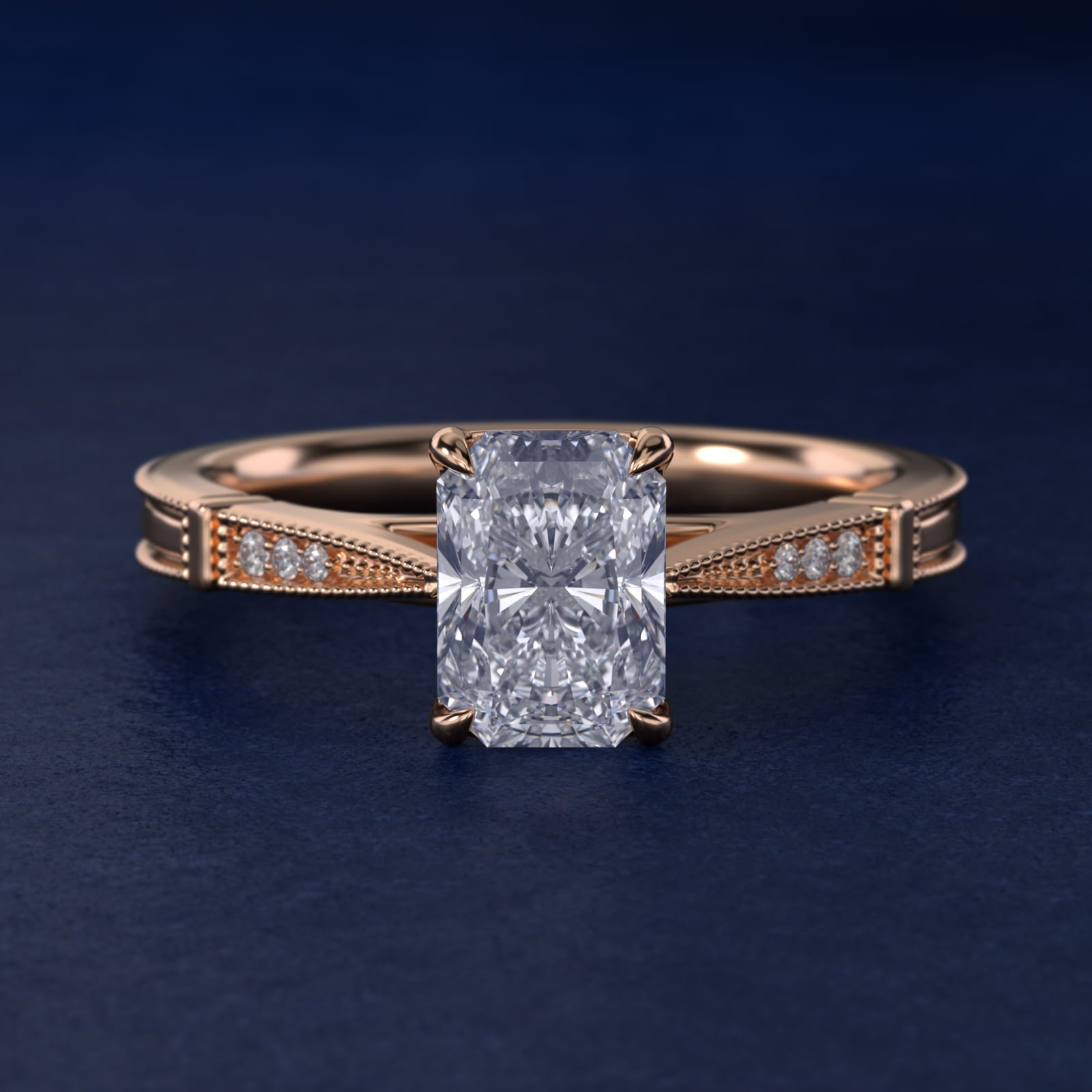 Six-Prong Vintage Milgrain and Diamond Engagement Ring in 18k Rose Gold - Radiant Center