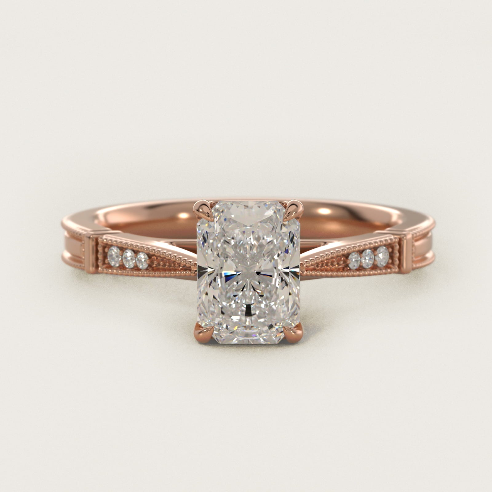 Six-Prong Vintage Milgrain and Diamond Engagement Ring in 14k Rose Gold - Radiant Center